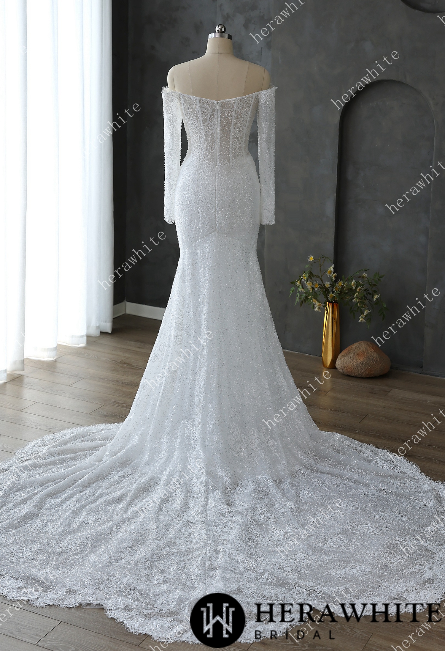Pearl and Sequin Embellished Lace Fit and Flare Wedding Gown with 3D Floral