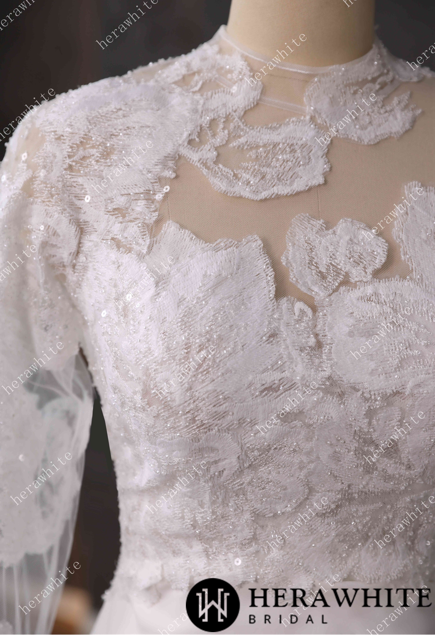 Beaded Lace Sheer Bodice Wedding Dress with Crepe Skirt