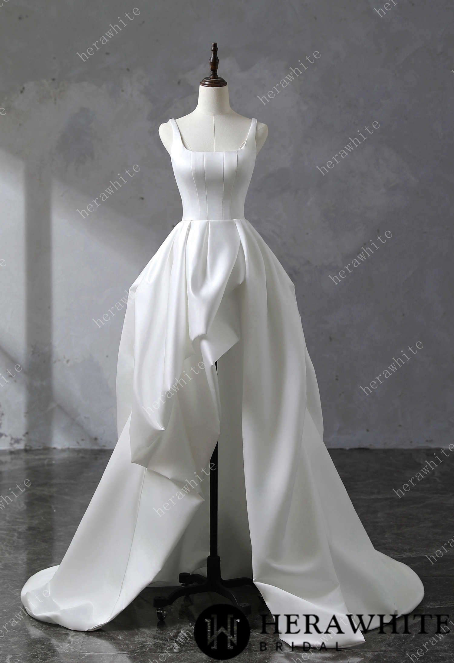 Square Neckline Satin Ball Gown With Asymmetric Draped Wedding Dress