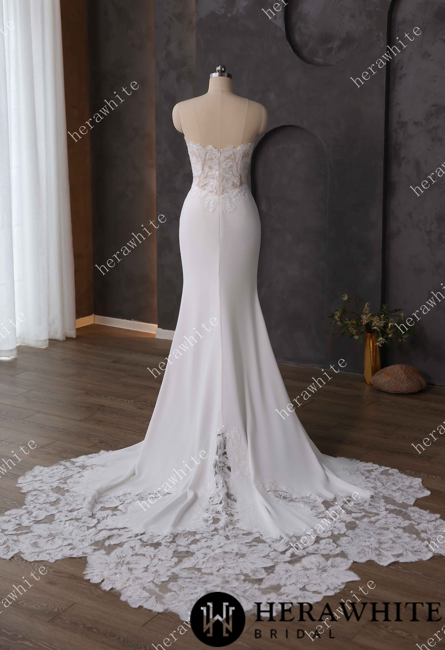 Beaded Lace Sheer Bodice Wedding Dress with Crepe Skirt