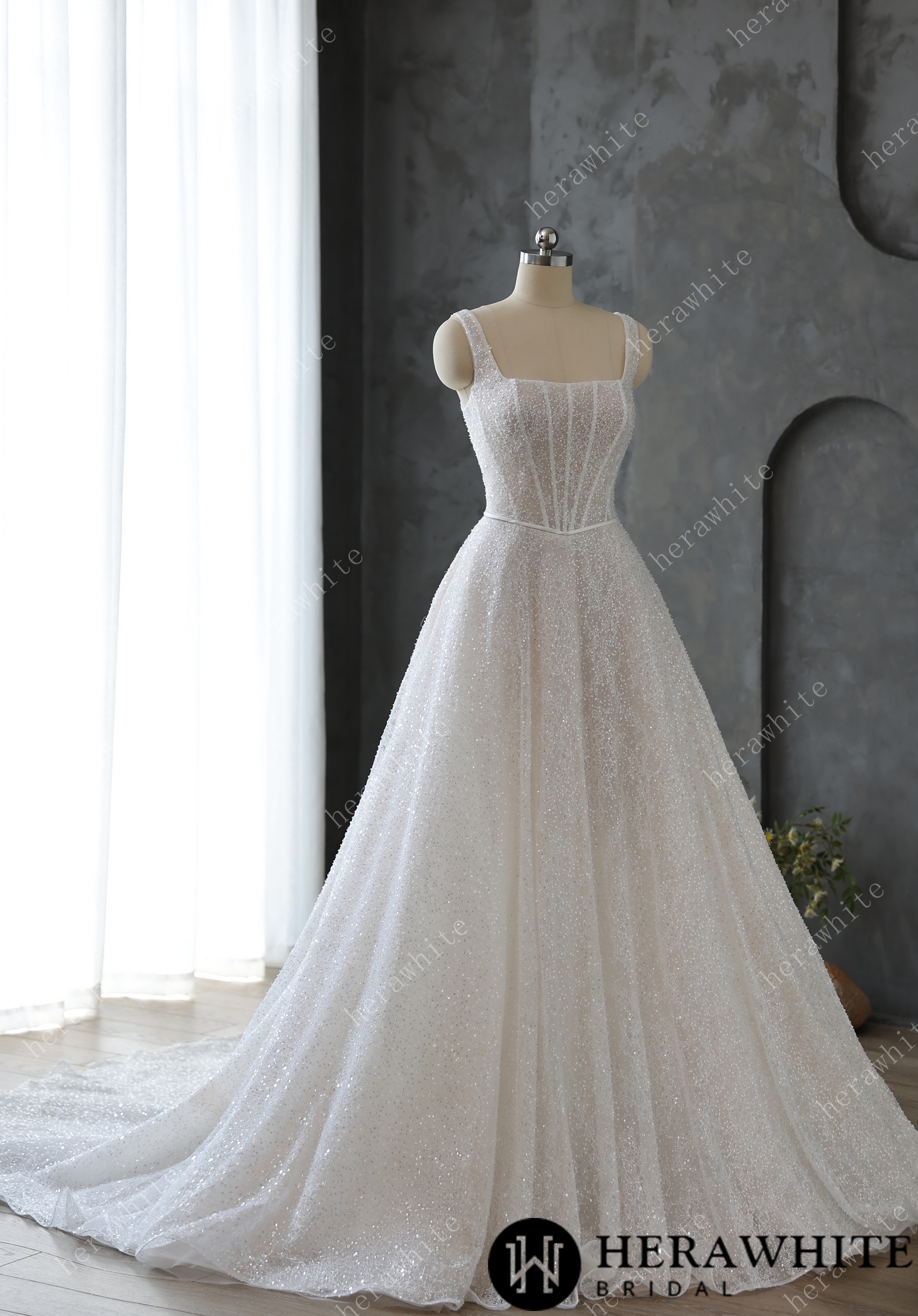 Sophisticated Square Neck Beaded Embroidery Lace Wedding Dress