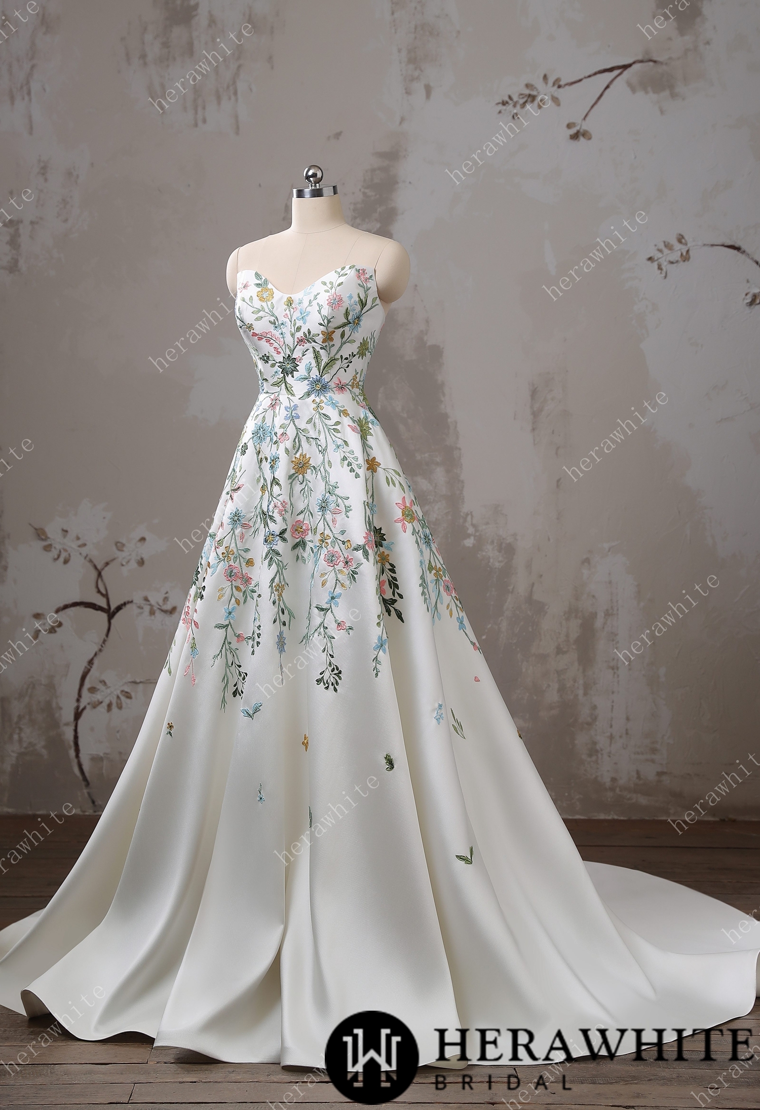 Strapless Floral Embroidered Mikado A line Wedding Dress