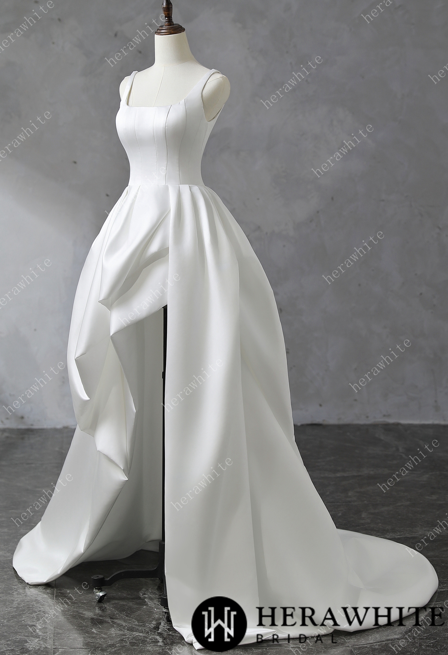 Square Neckline Satin Ball Gown With Asymmetric Draped Wedding Dress