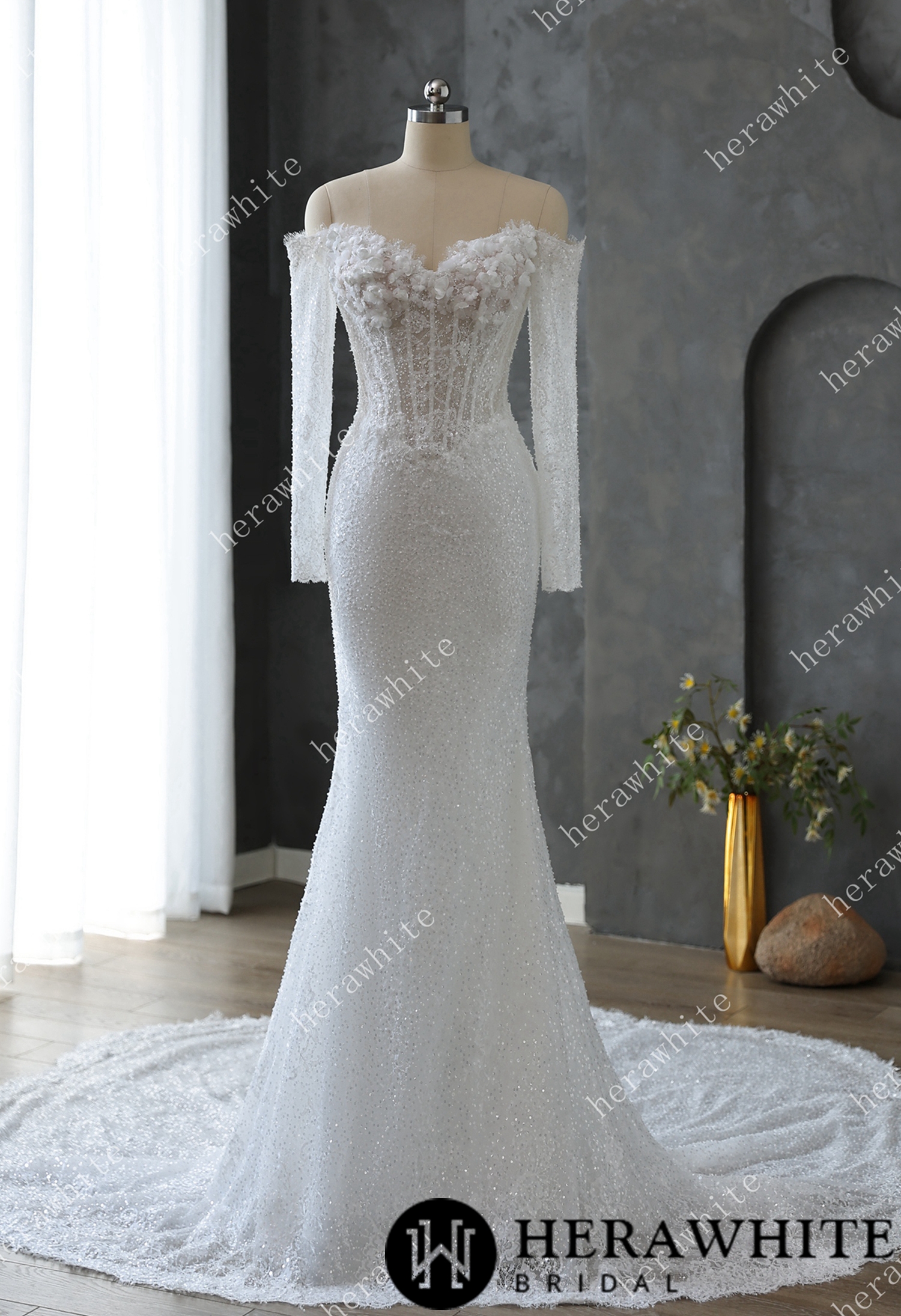 Pearl and Sequin Embellished Lace Fit and Flare Wedding Gown with 3D Floral