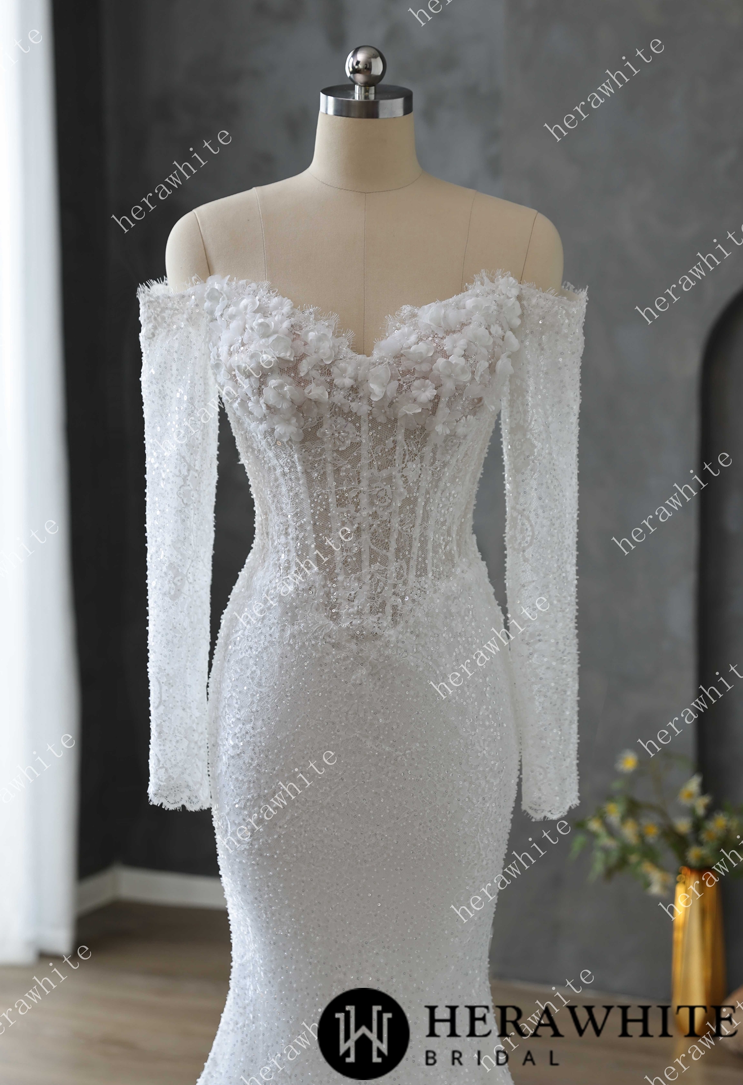 Pearl and Sequin Embellished Lace Fit and Flare Wedding Gown with 3D Floral