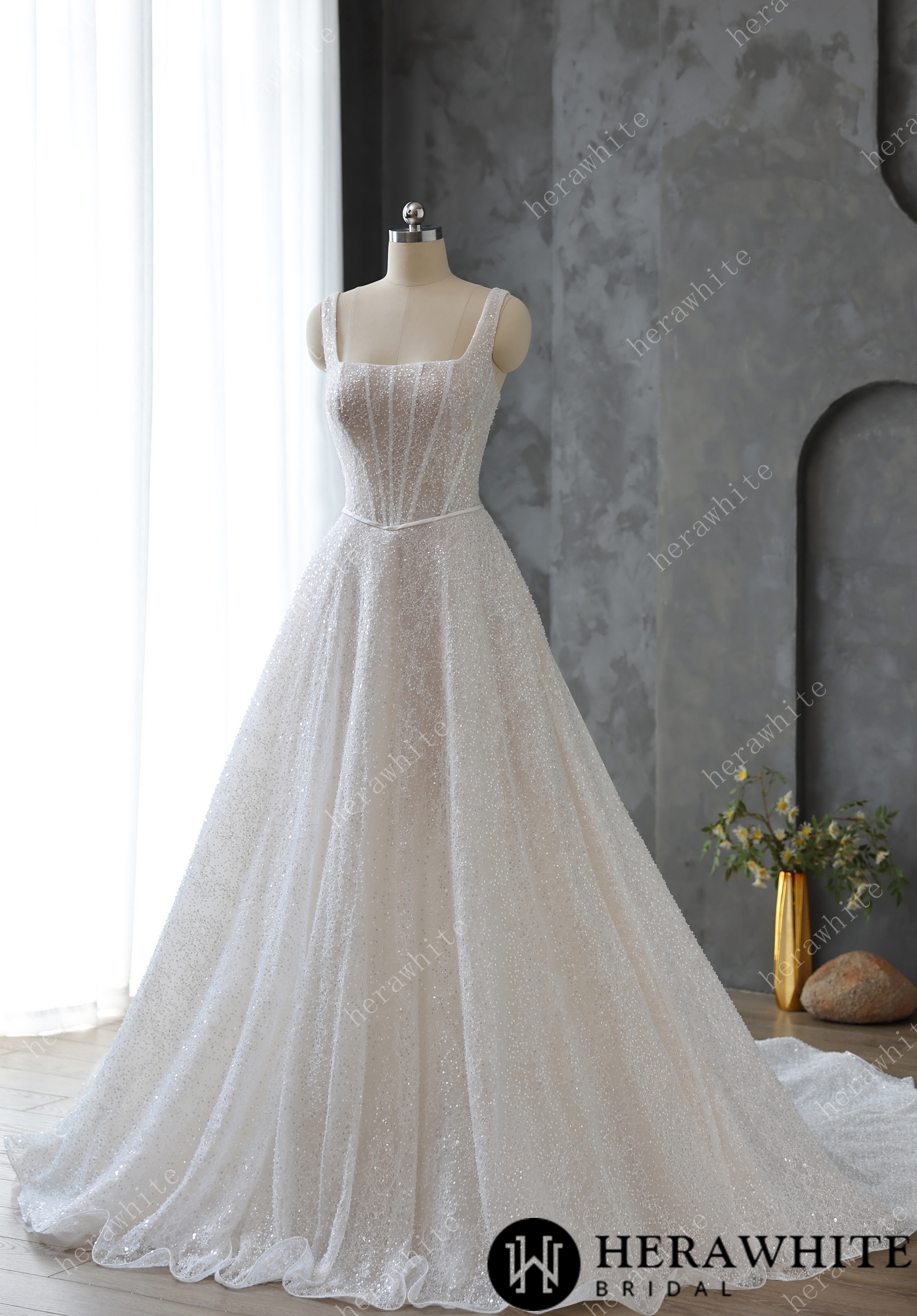 Sophisticated Square Neck Beaded Embroidery Lace Wedding Dress