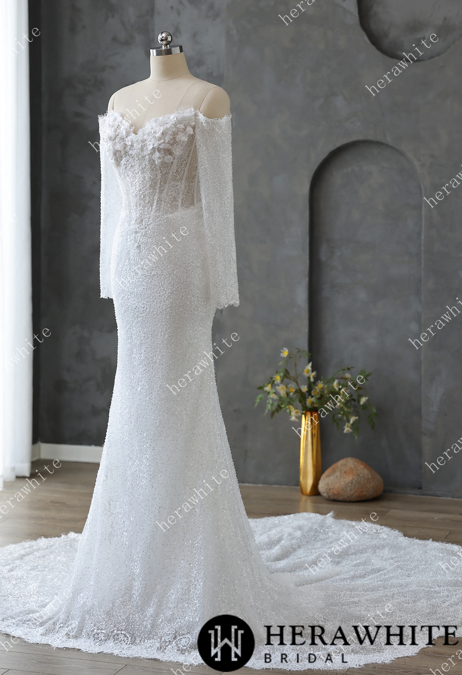 Pearl and Sequin Embellished Lace Fit and Flare Wedding Gown with 3D Floral