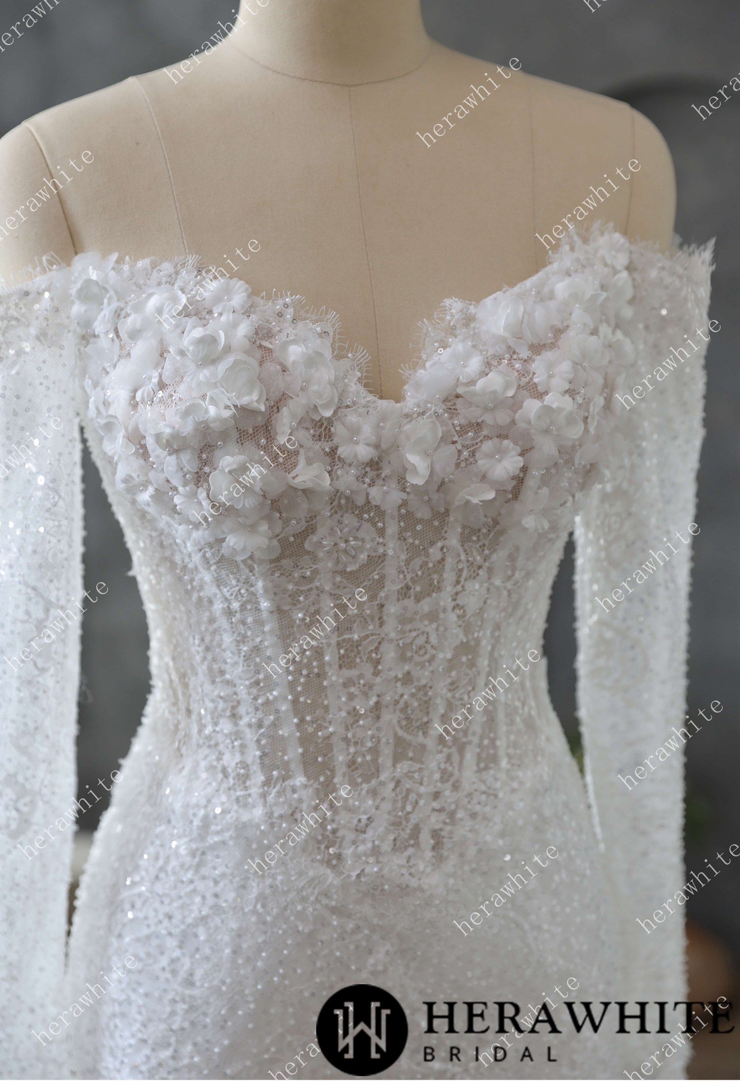 Pearl and Sequin Embellished Lace Fit and Flare Wedding Gown with 3D Floral