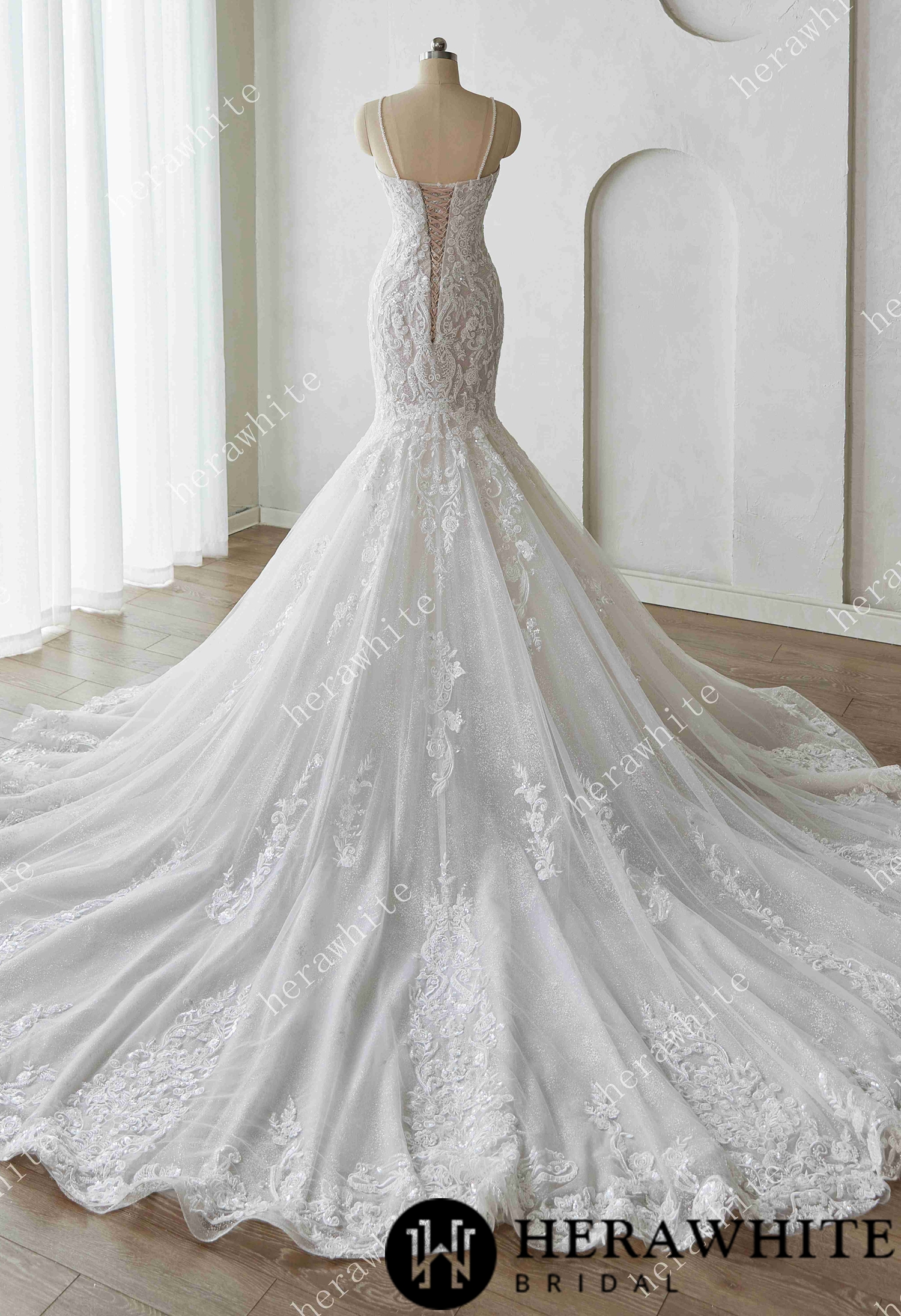 Glamorous Glitter Tulle Wedding Dress with Beaded Corset Back and Dramatic Train