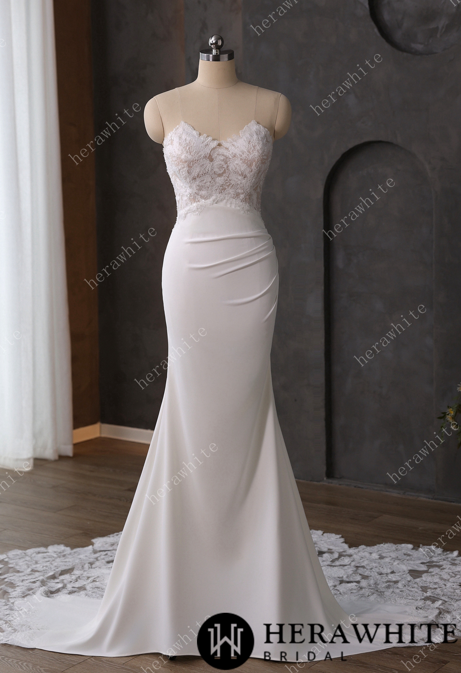 Beaded Lace Sheer Bodice Wedding Dress with Crepe Skirt
