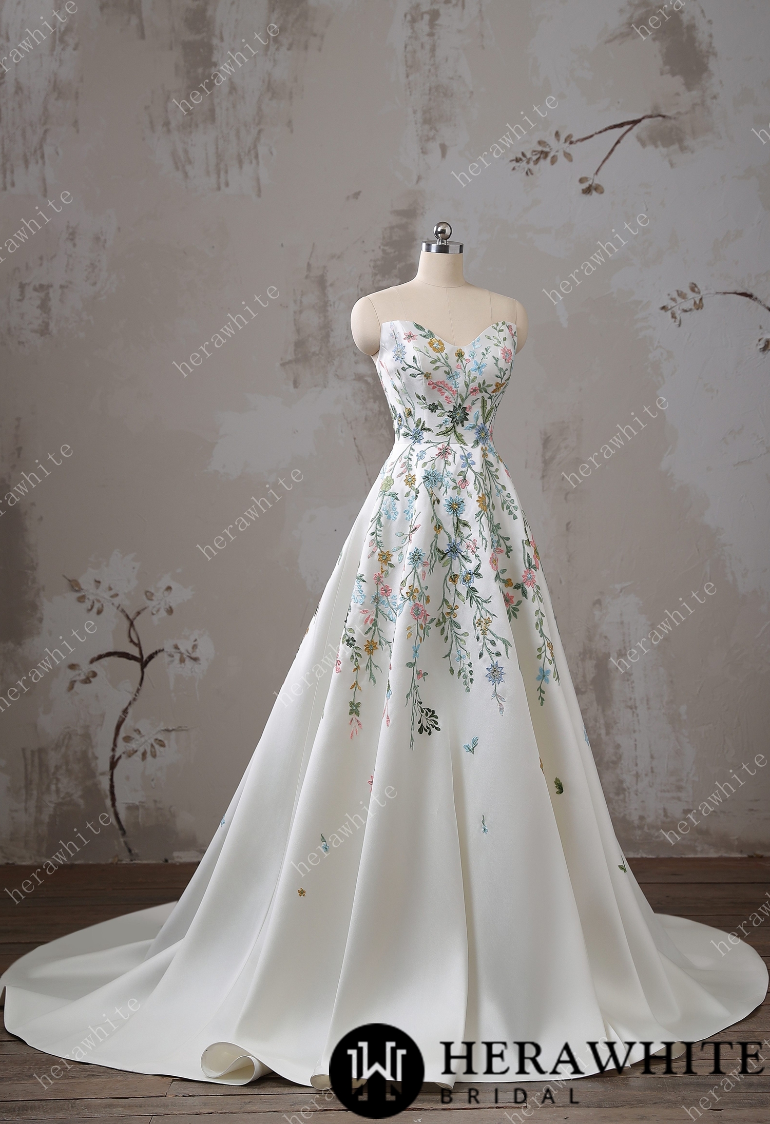 Strapless Floral Embroidered Mikado A line Wedding Dress