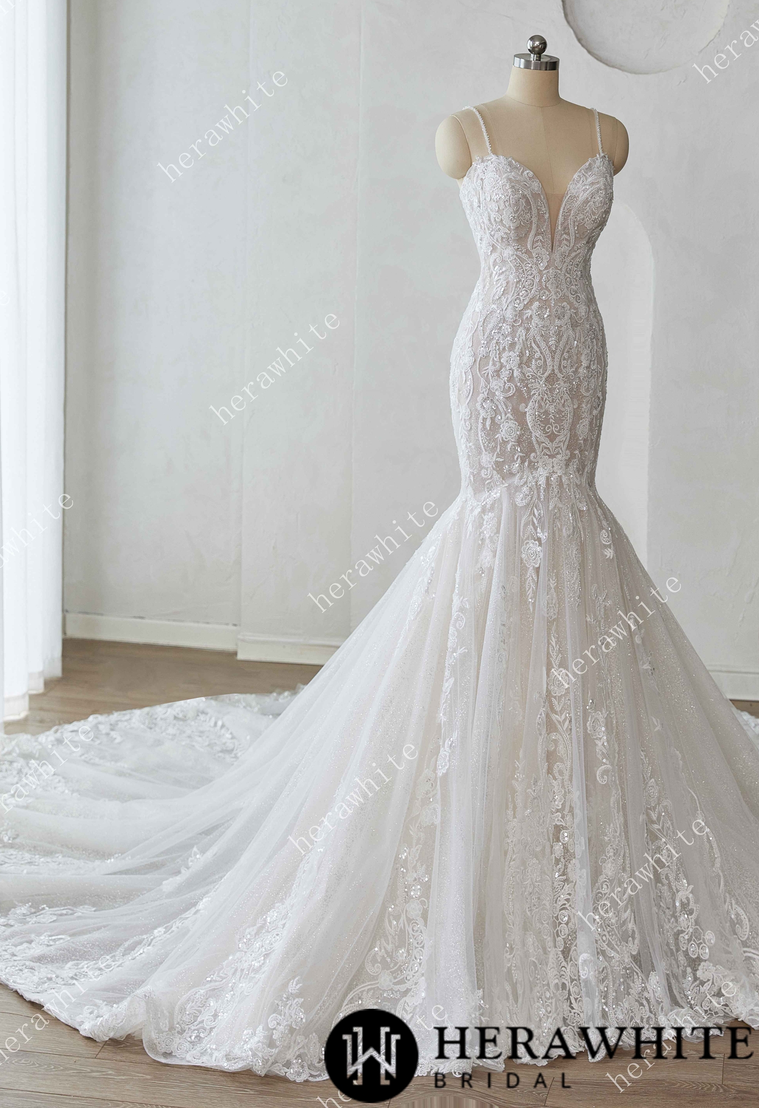 Glamorous Glitter Tulle Wedding Dress with Beaded Corset Back and Dramatic Train