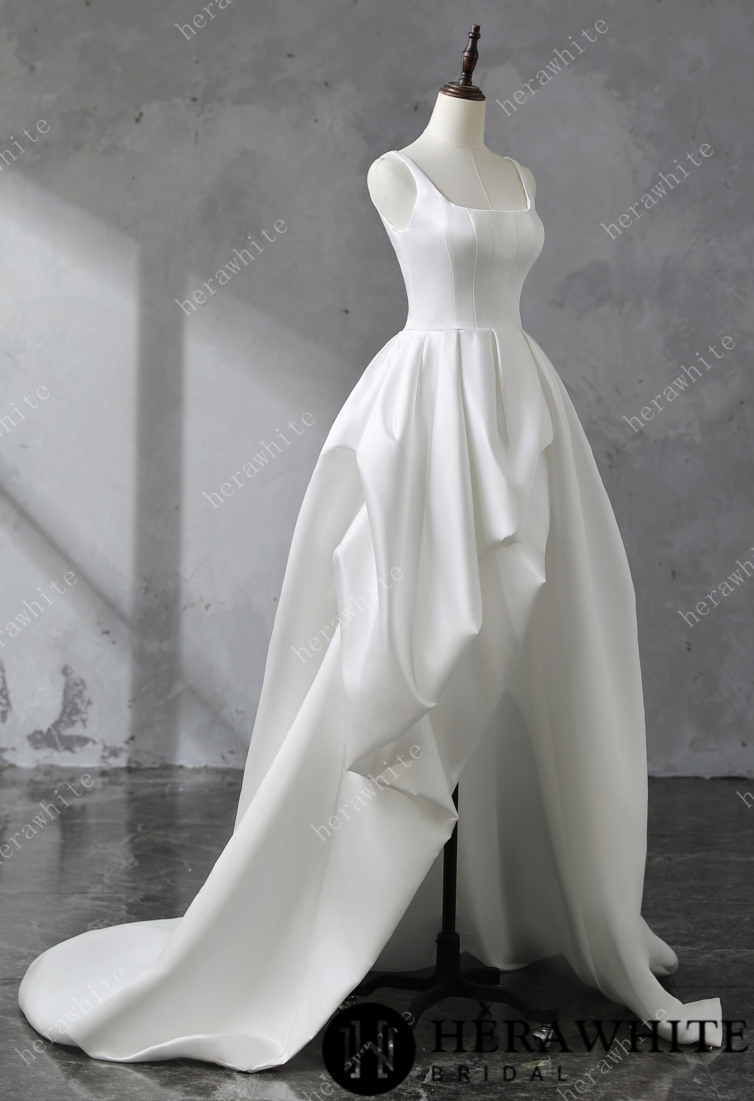 Square Neckline Satin Ball Gown With Asymmetric Draped Wedding Dress