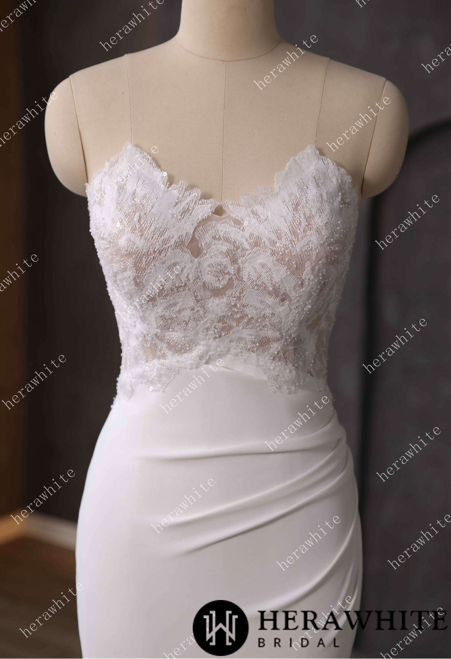 Beaded Lace Sheer Bodice Wedding Dress with Crepe Skirt