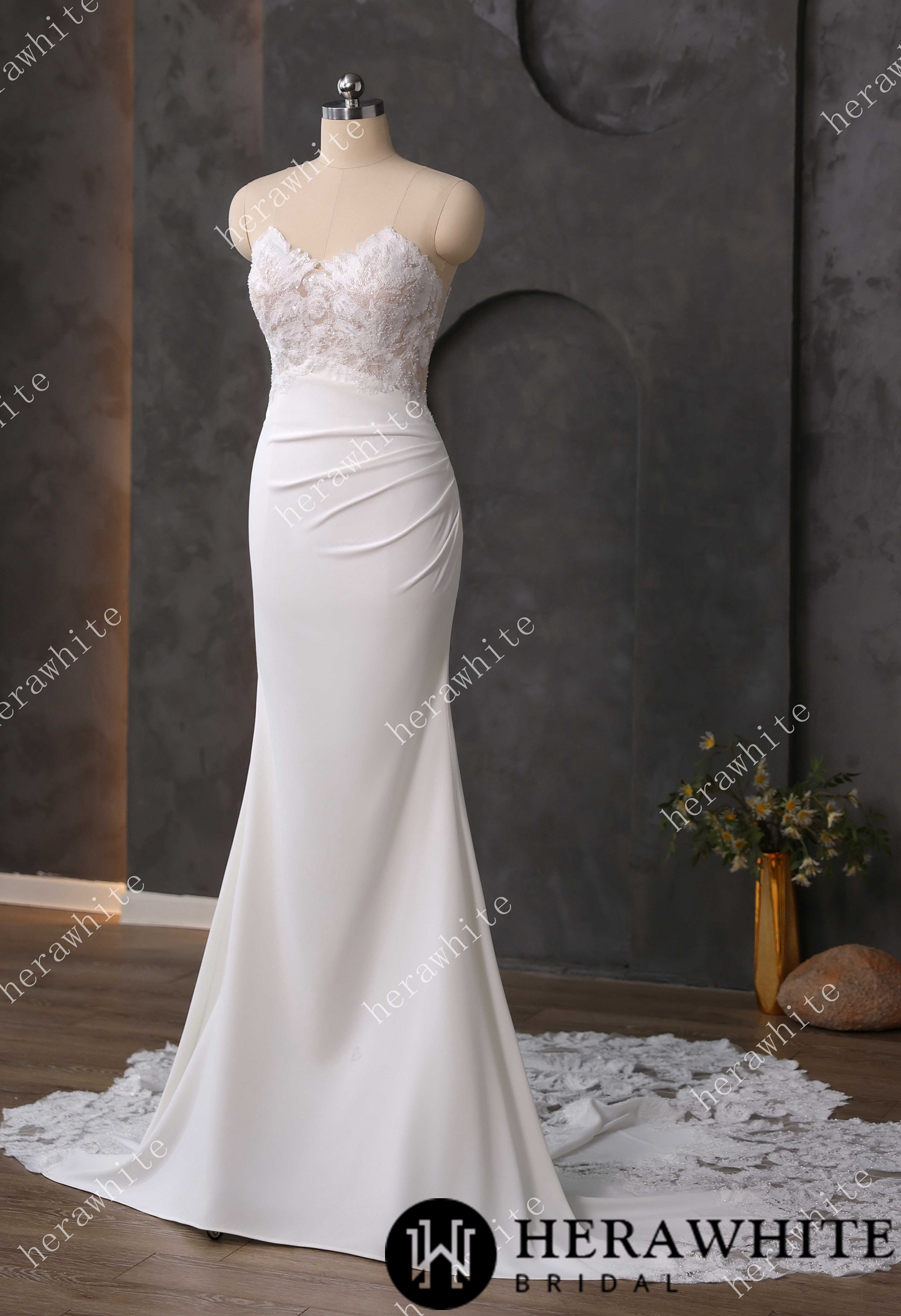 Beaded Lace Sheer Bodice Wedding Dress with Crepe Skirt