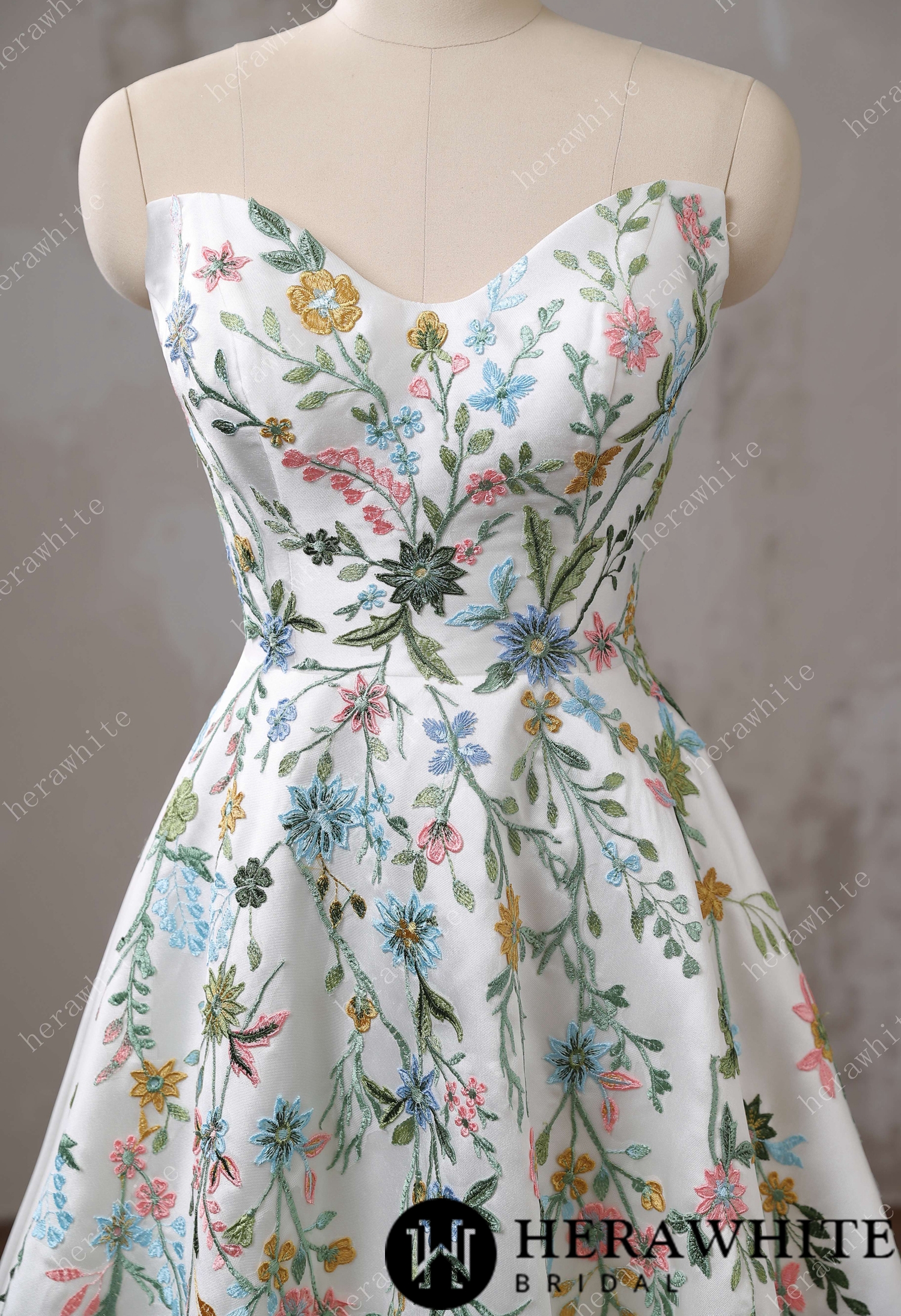 Strapless Floral Embroidered Mikado A line Wedding Dress