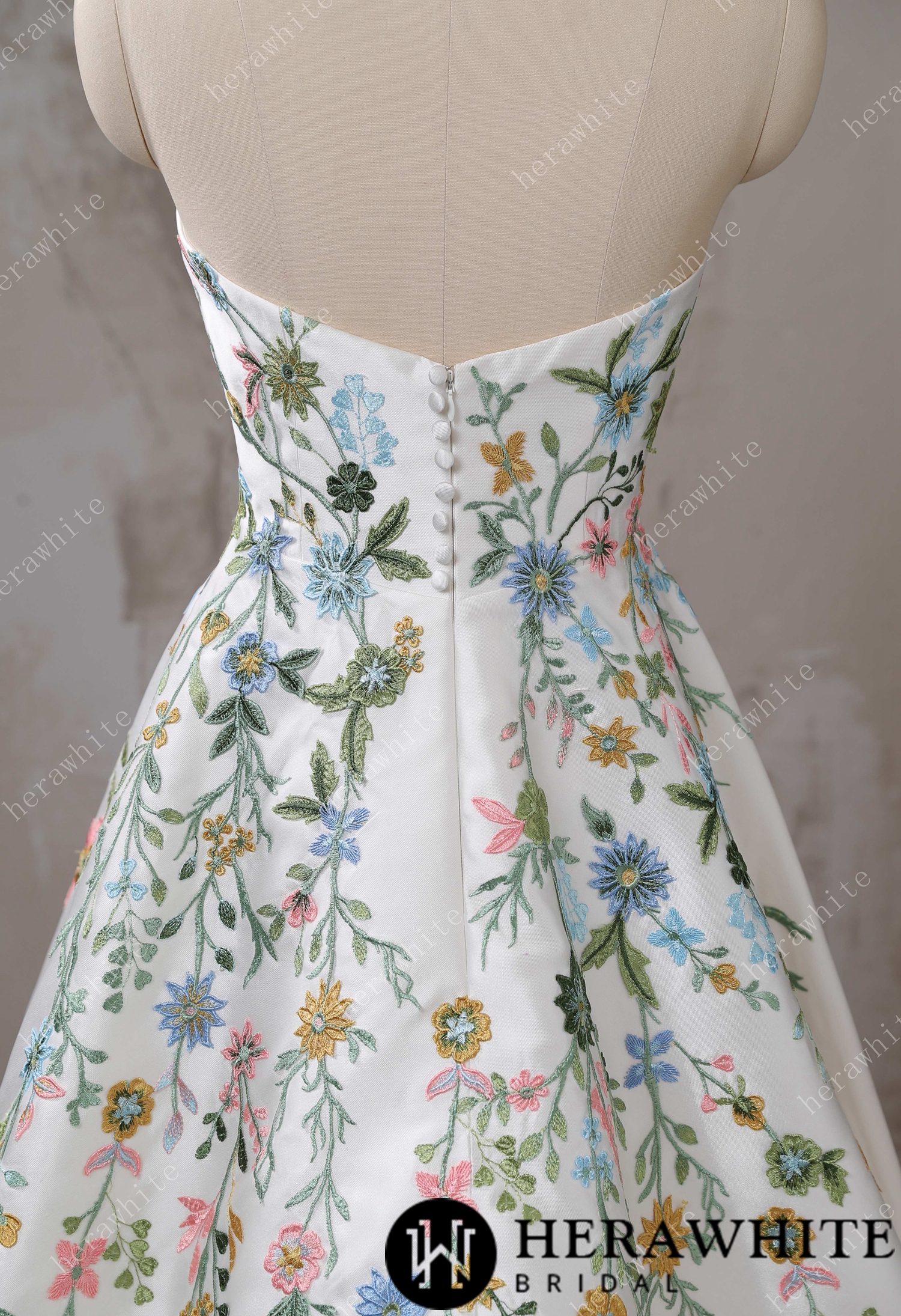 Strapless Floral Embroidered Mikado A line Wedding Dress