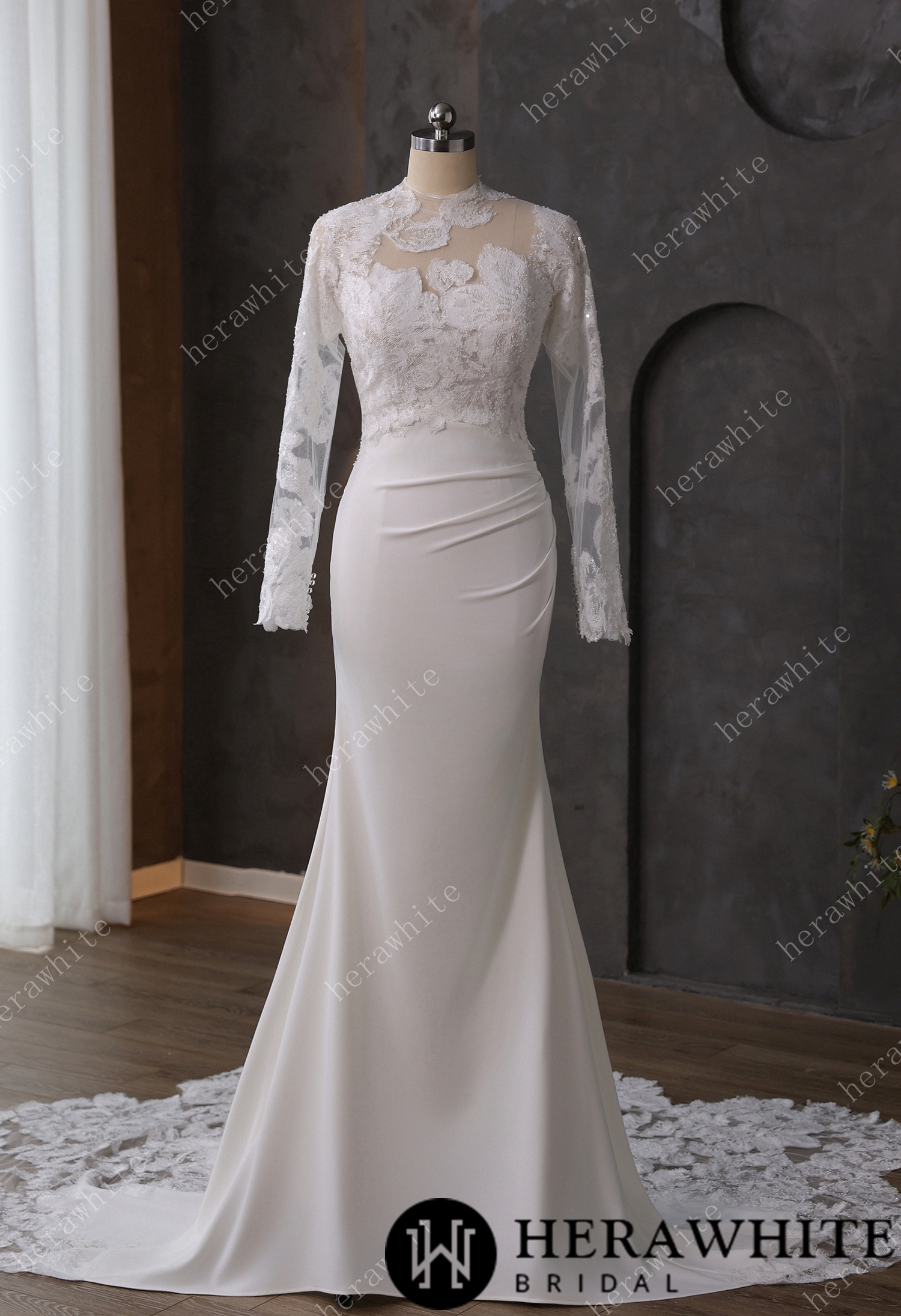 Beaded Lace Sheer Bodice Wedding Dress with Crepe Skirt