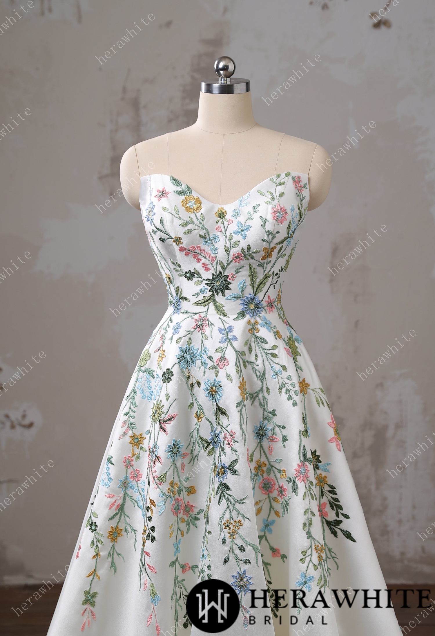 Strapless Floral Embroidered Mikado A line Wedding Dress