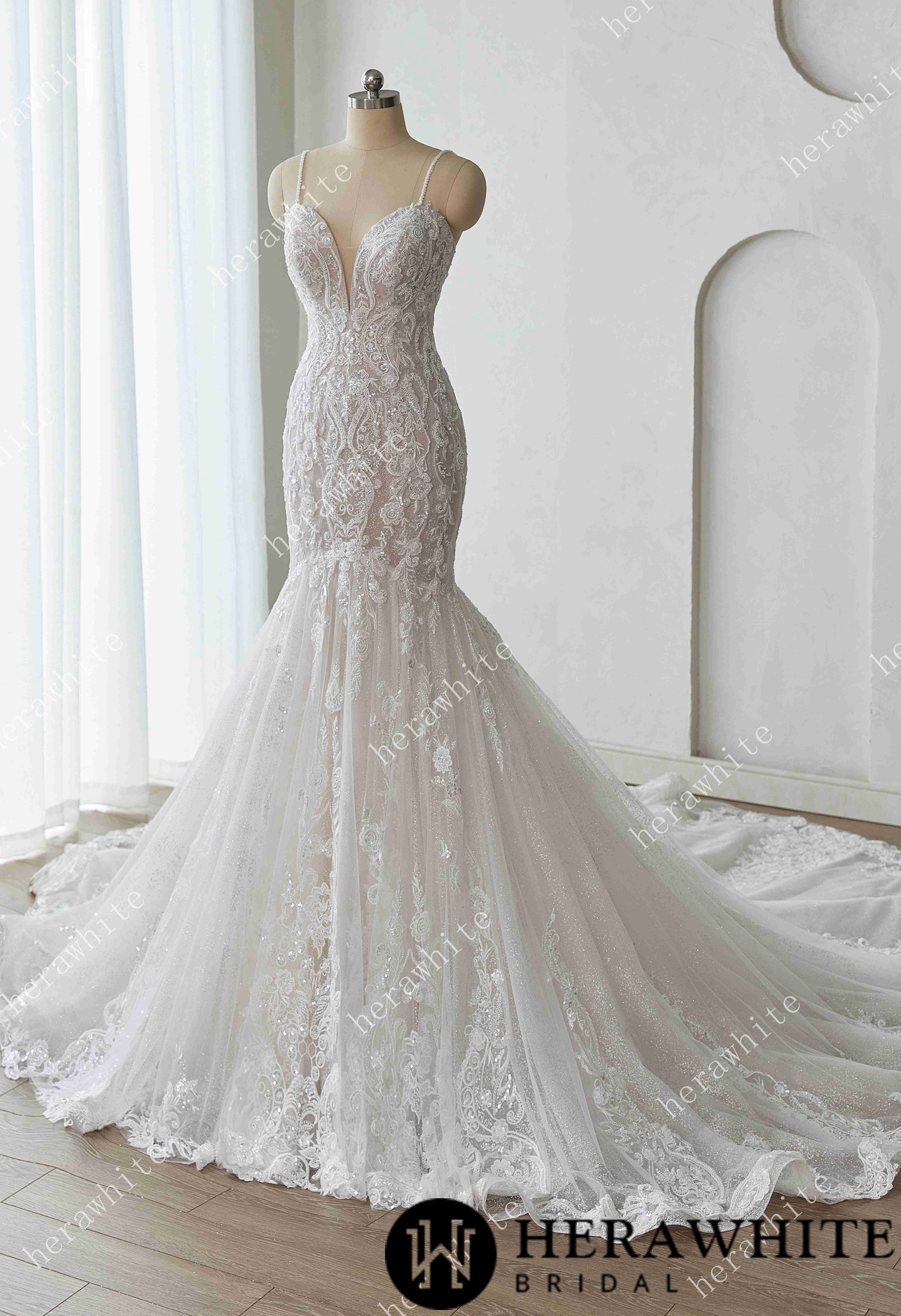 Glamorous Glitter Tulle Wedding Dress with Beaded Corset Back and Dramatic Train