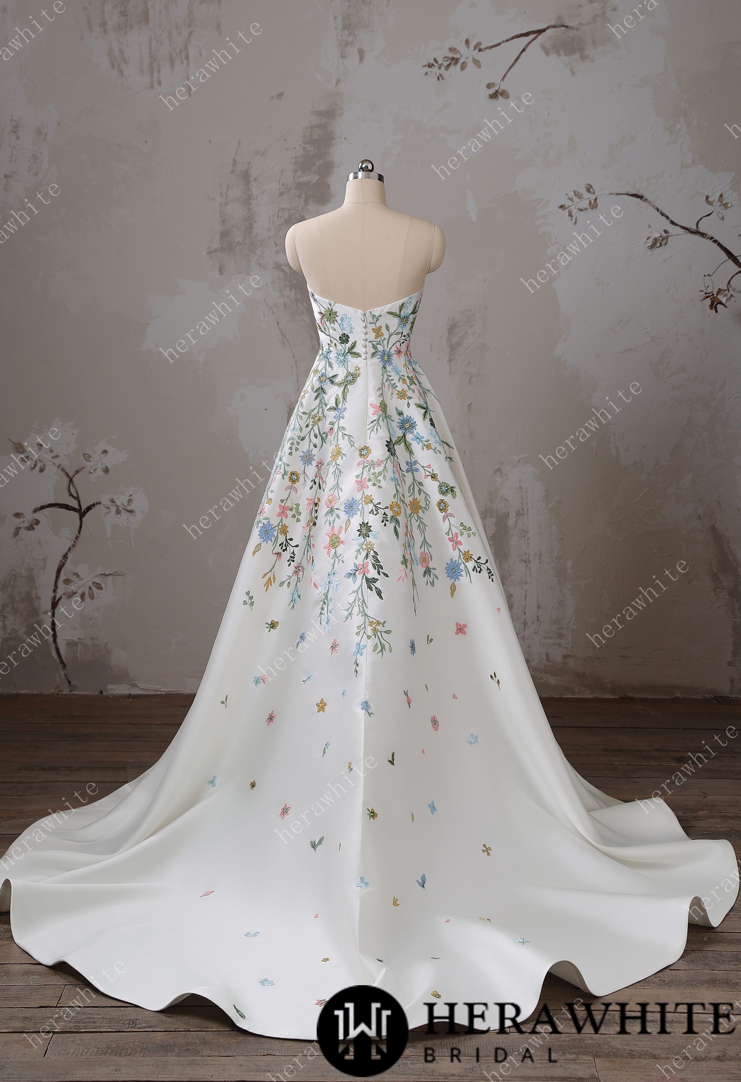 Strapless Floral Embroidered Mikado A line Wedding Dress