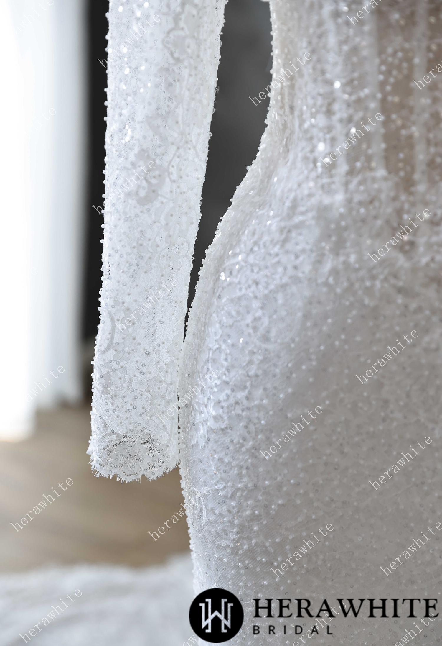 Pearl and Sequin Embellished Lace Fit and Flare Wedding Gown with 3D Floral