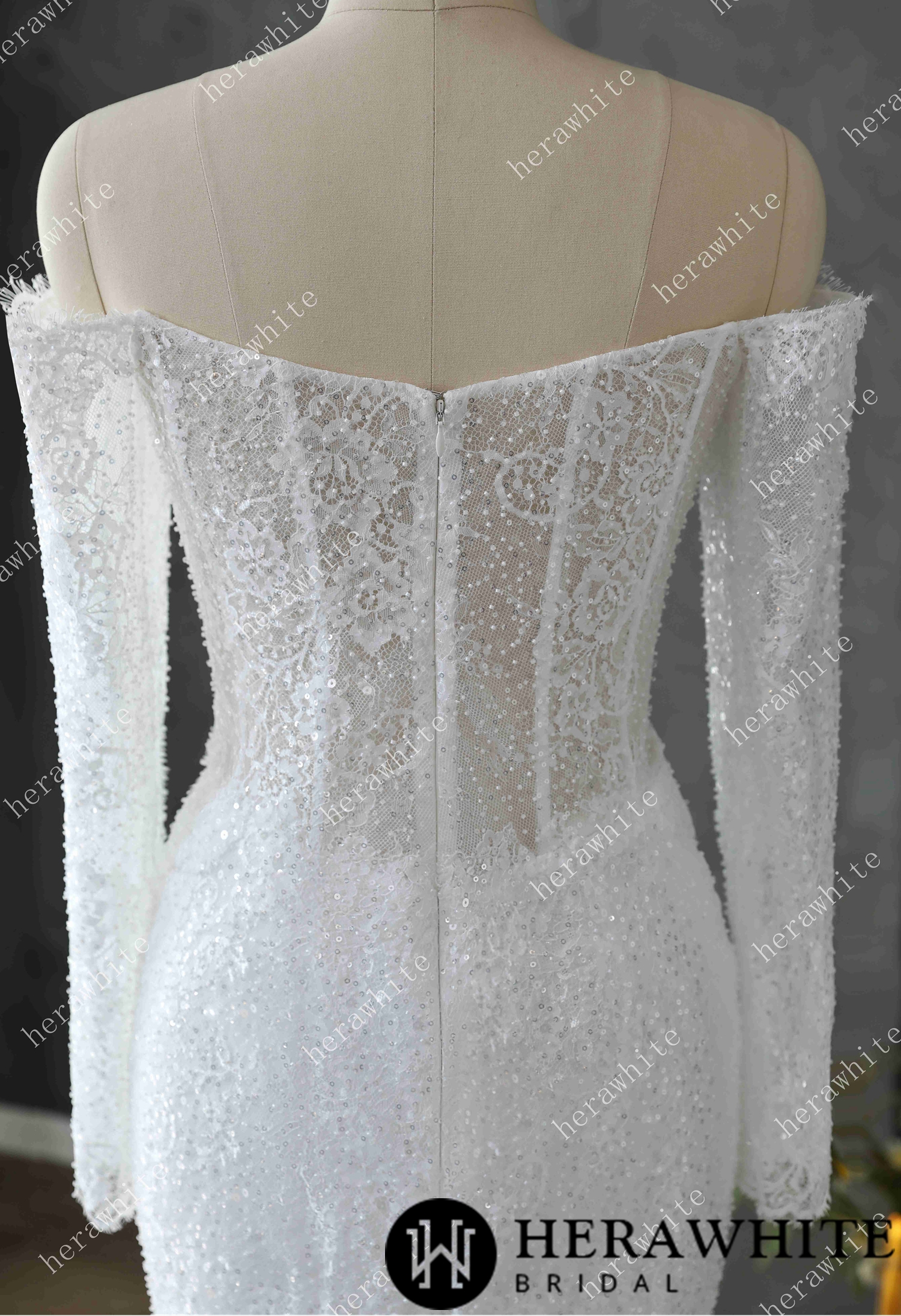 Pearl and Sequin Embellished Lace Fit and Flare Wedding Gown with 3D Floral