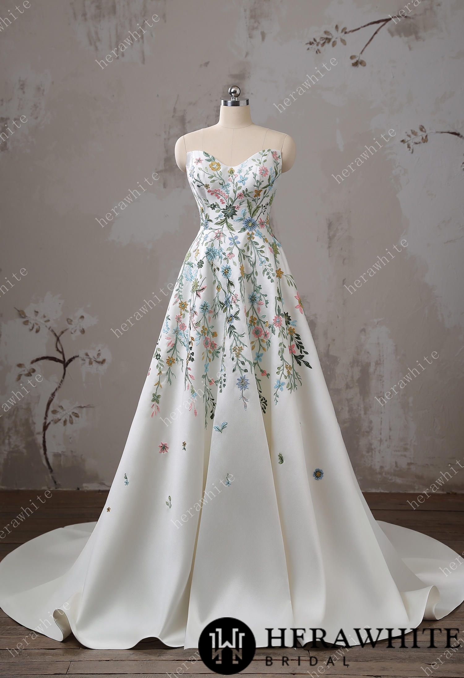 Strapless Floral Embroidered Mikado A line Wedding Dress