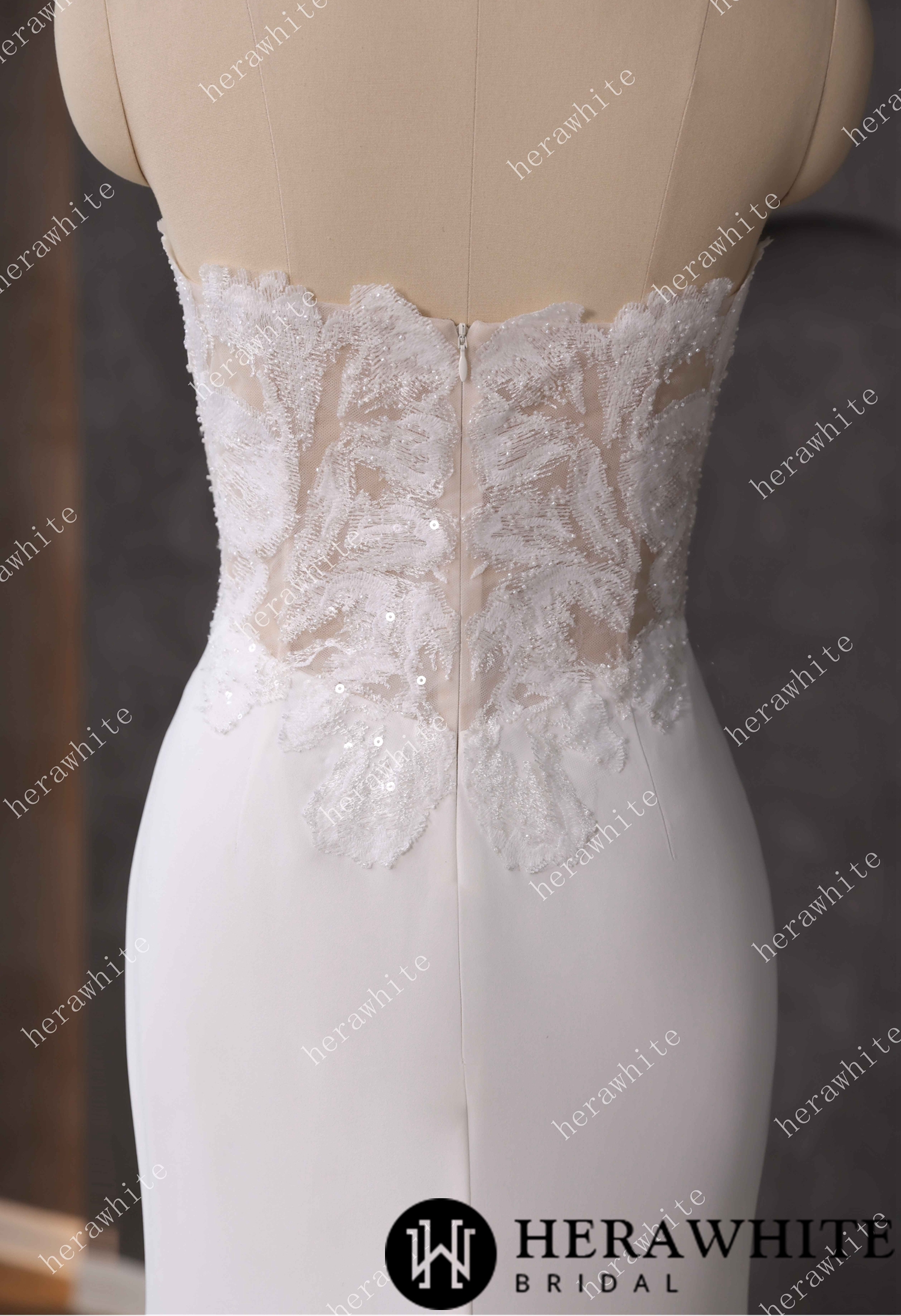 Beaded Lace Sheer Bodice Wedding Dress with Crepe Skirt