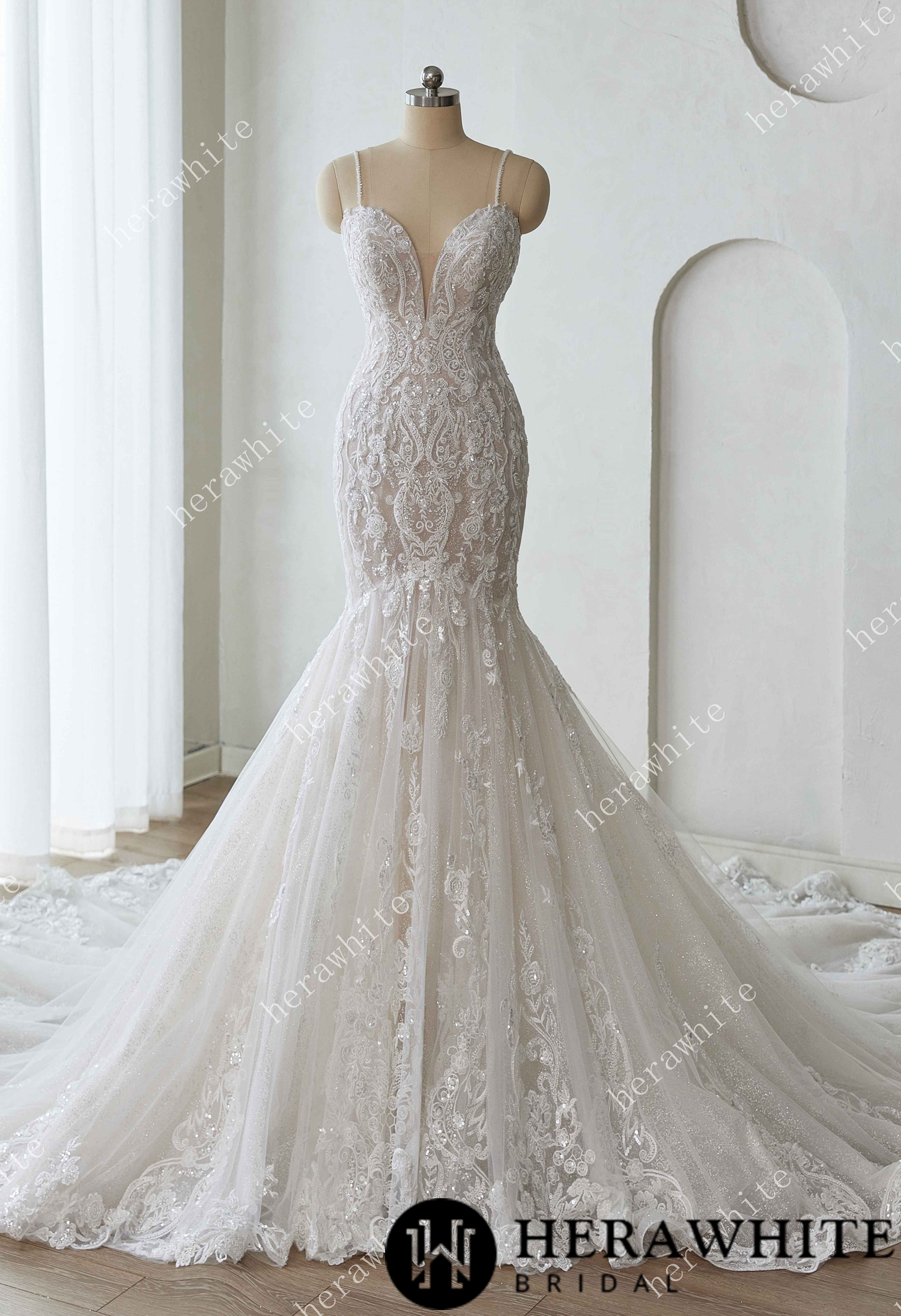 Glamorous Glitter Tulle Wedding Dress with Beaded Corset Back and Dramatic Train