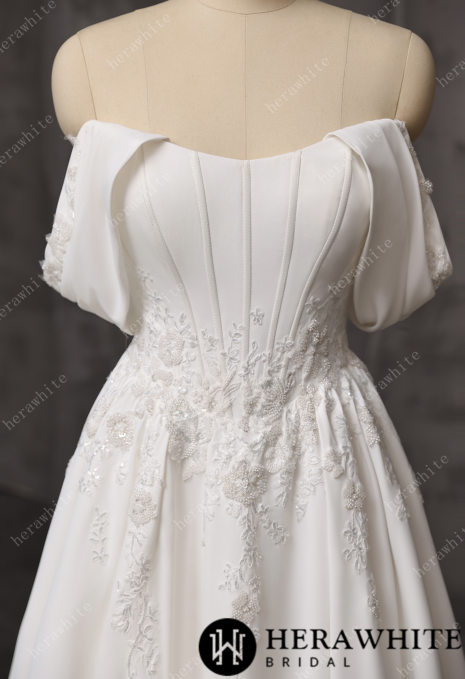Embroidery Scoop Neckline with Detachable Draped Sleeves Satin Wedding Gown