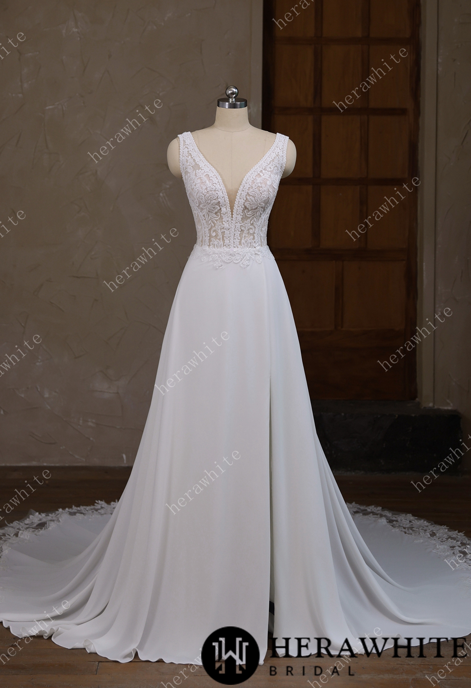 In Stock/ Deep V-neck and sleeveless design with symmetrical lace wedding gown