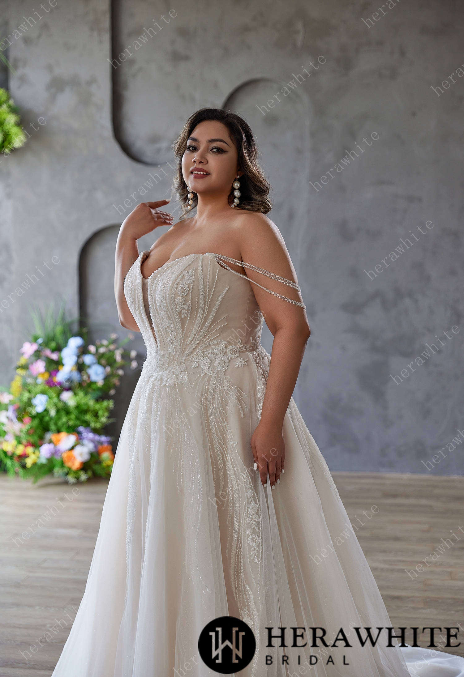 In Stock/ Plus-size Dream: Off-shoulder Tulle Gown with Bead Embroidery