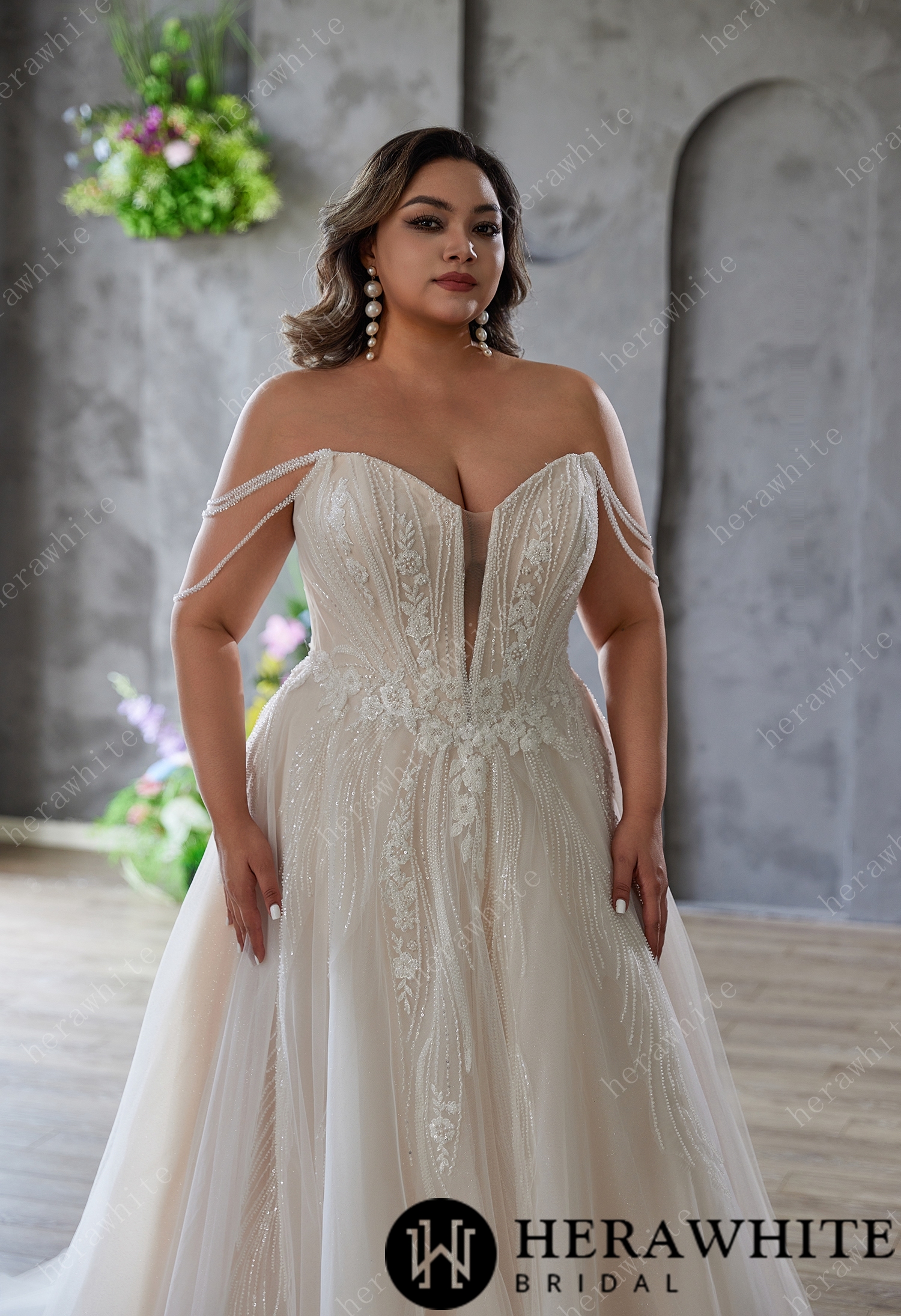 In Stock/ Plus-size Dream: Off-shoulder Tulle Gown with Bead Embroidery