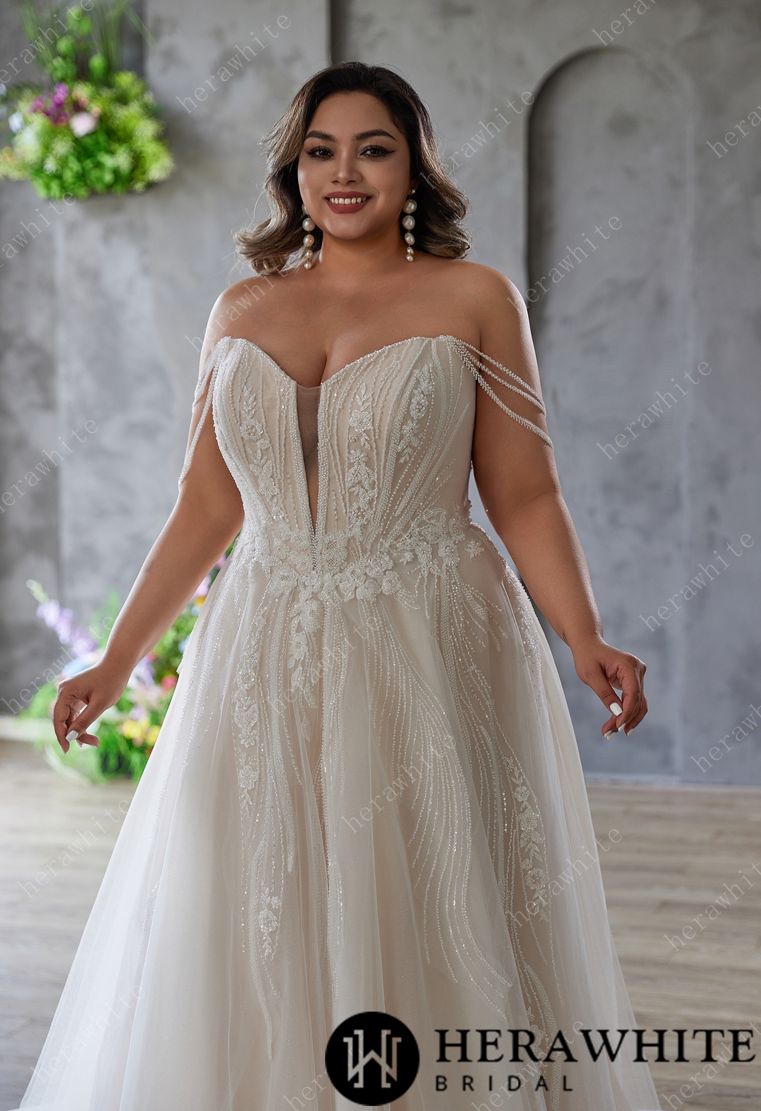 In Stock/ Plus-size Dream: Off-shoulder Tulle Gown with Bead Embroidery
