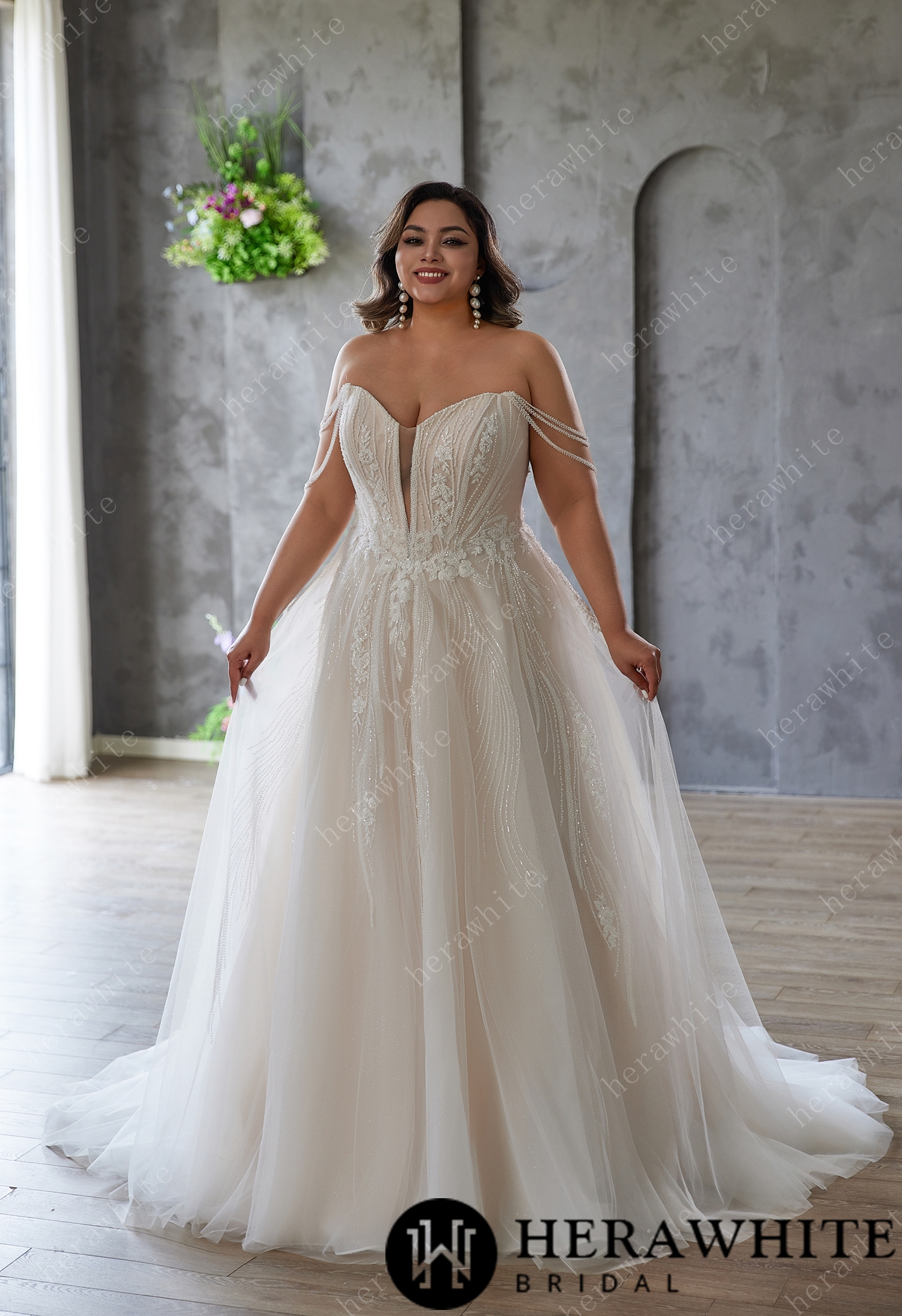 In Stock/ Plus-size Dream: Off-shoulder Tulle Gown with Bead Embroidery