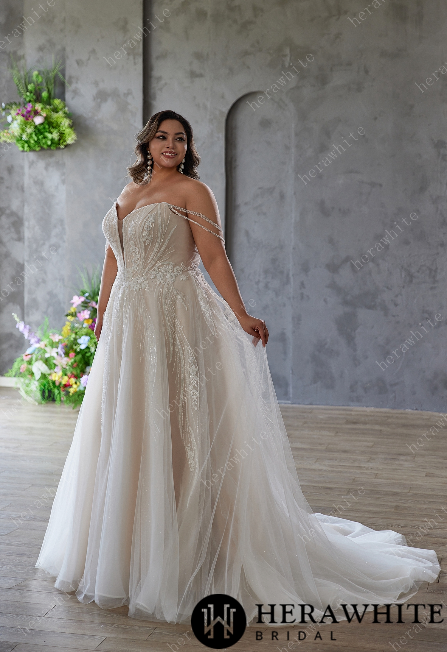 In Stock/ Plus-size Dream: Off-shoulder Tulle Gown with Bead Embroidery
