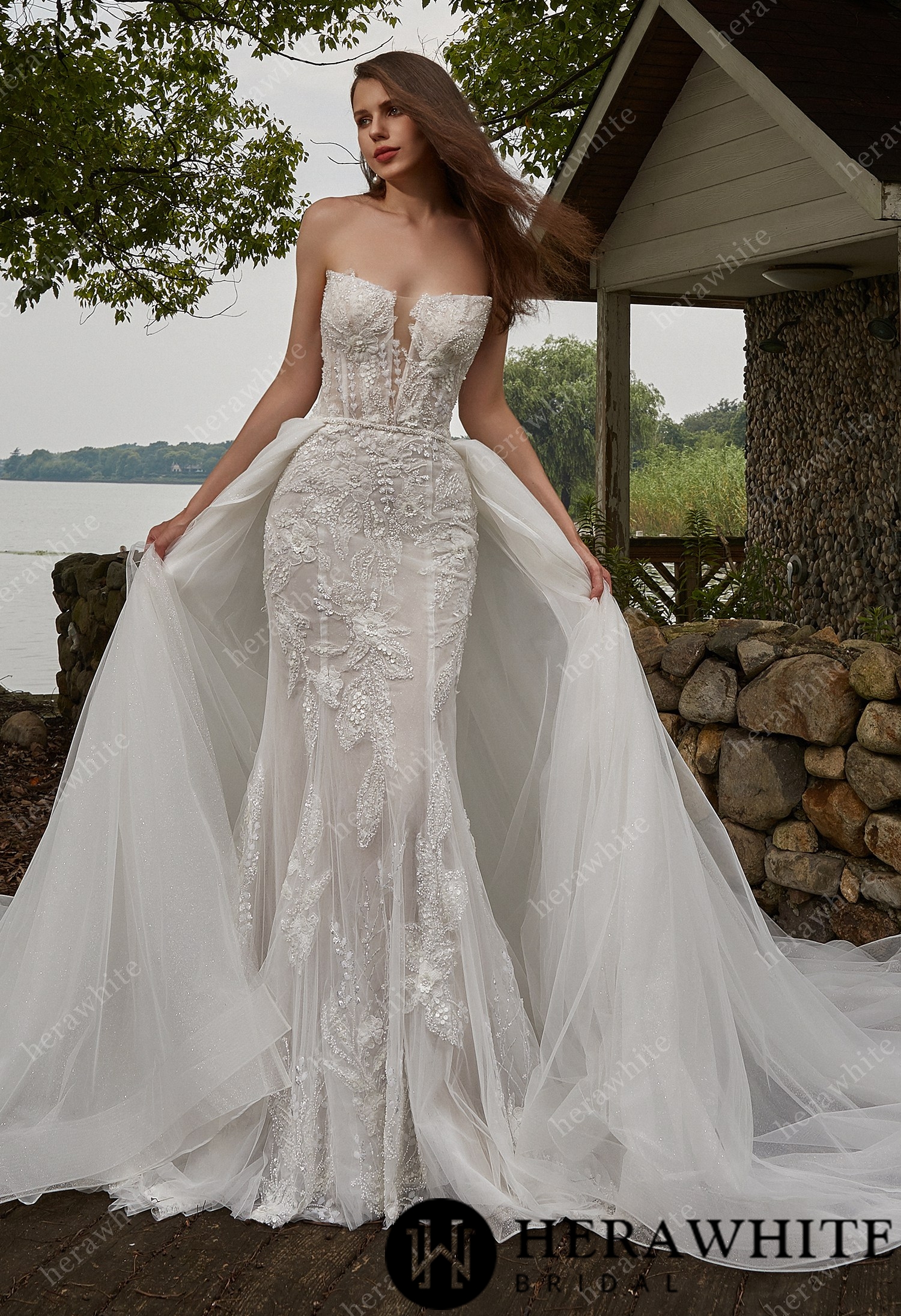 In Stock/ Beaded Sequins Lace And Detachable Overskirt  Wedding Dress