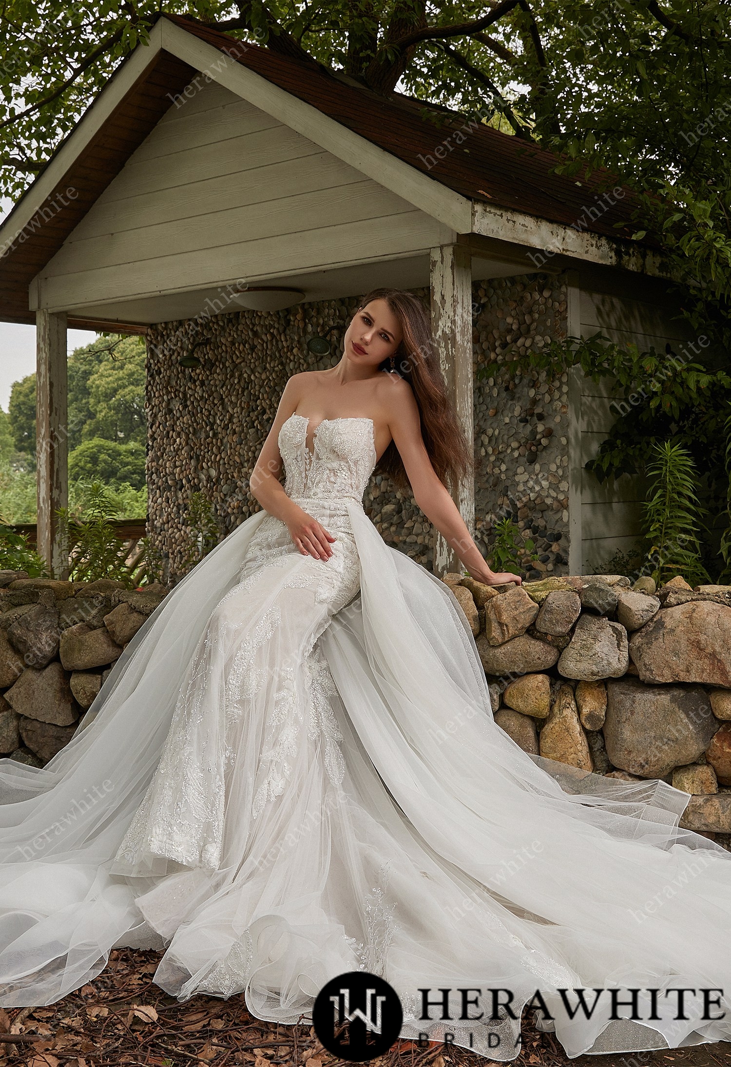 In Stock/ Beaded Sequins Lace And Detachable Overskirt  Wedding Dress