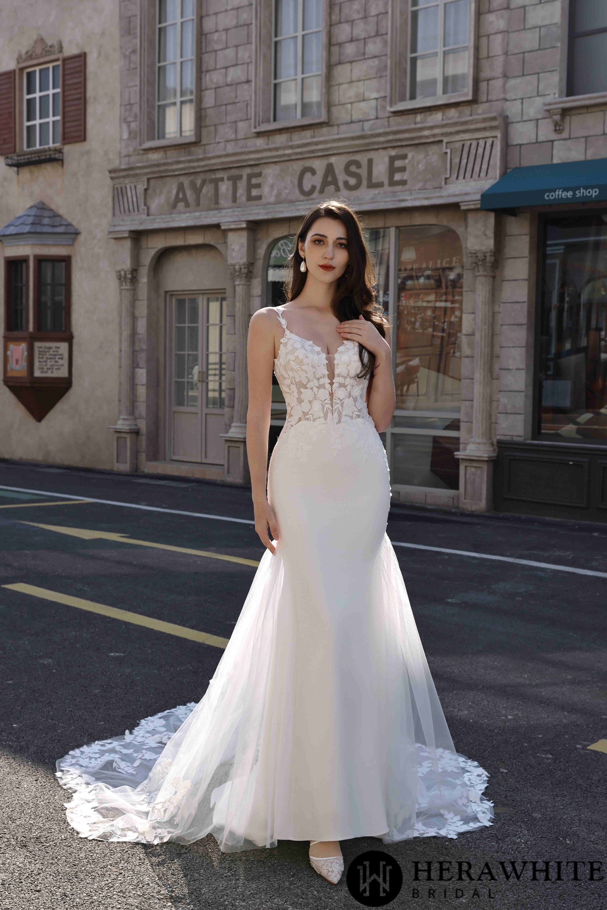 Embellished Mermaid Plunging Neckline Wedding Gown with Scallop Train