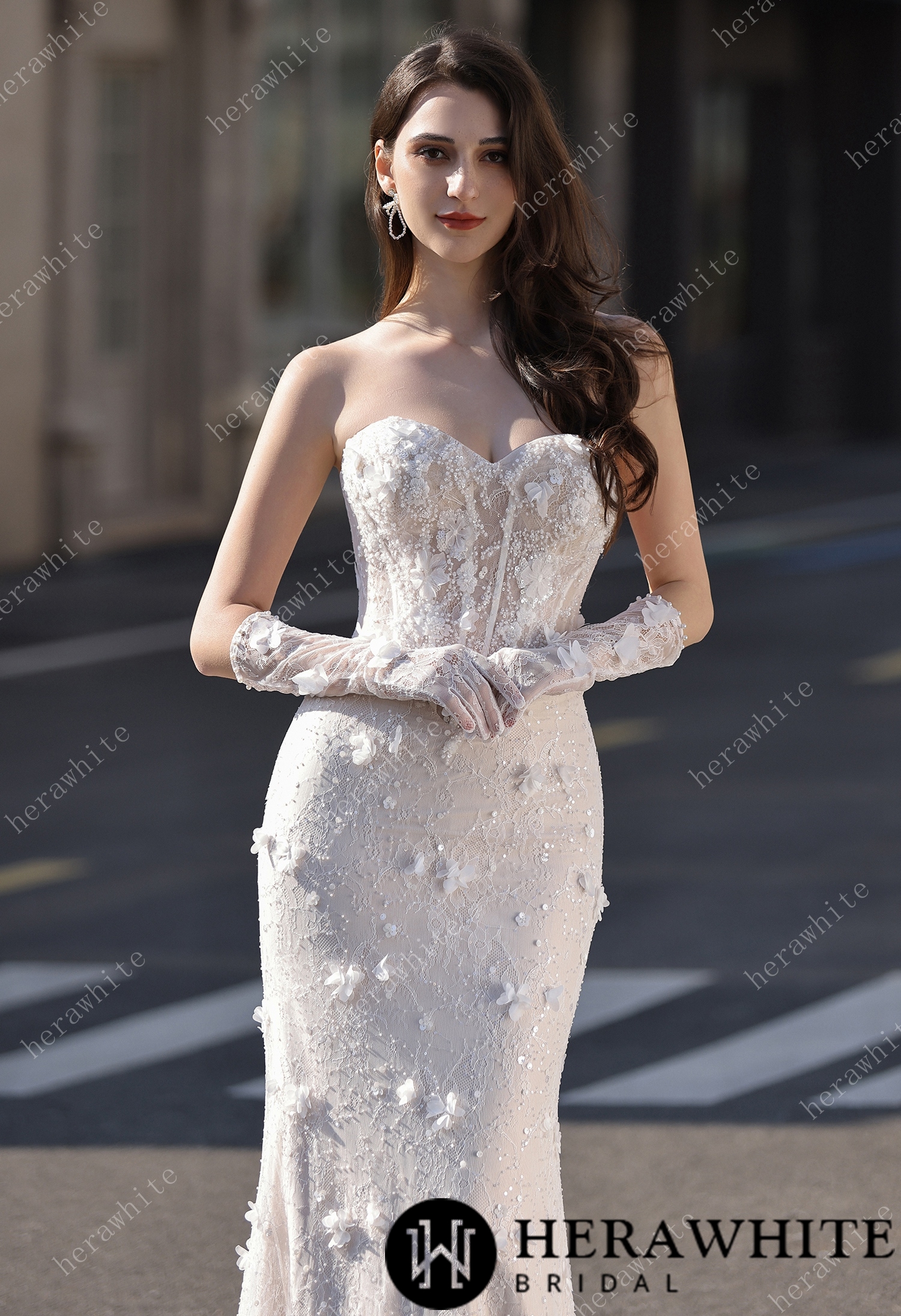 3D Lace Mermaid Silhouette Bridal Gown With Detachable Overskirt