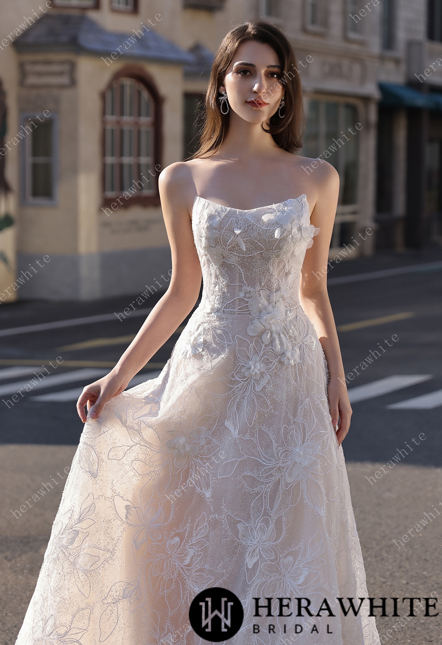 Strapless Sparkle Lace Bridal Gown with 3D Flowers