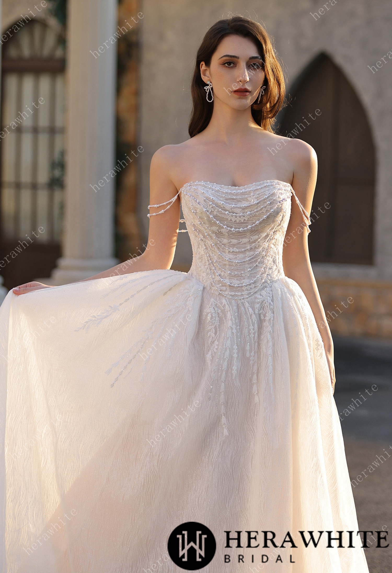 Strapless Ballgown Wedding Dress with Beaded Chain Shoulder Accent