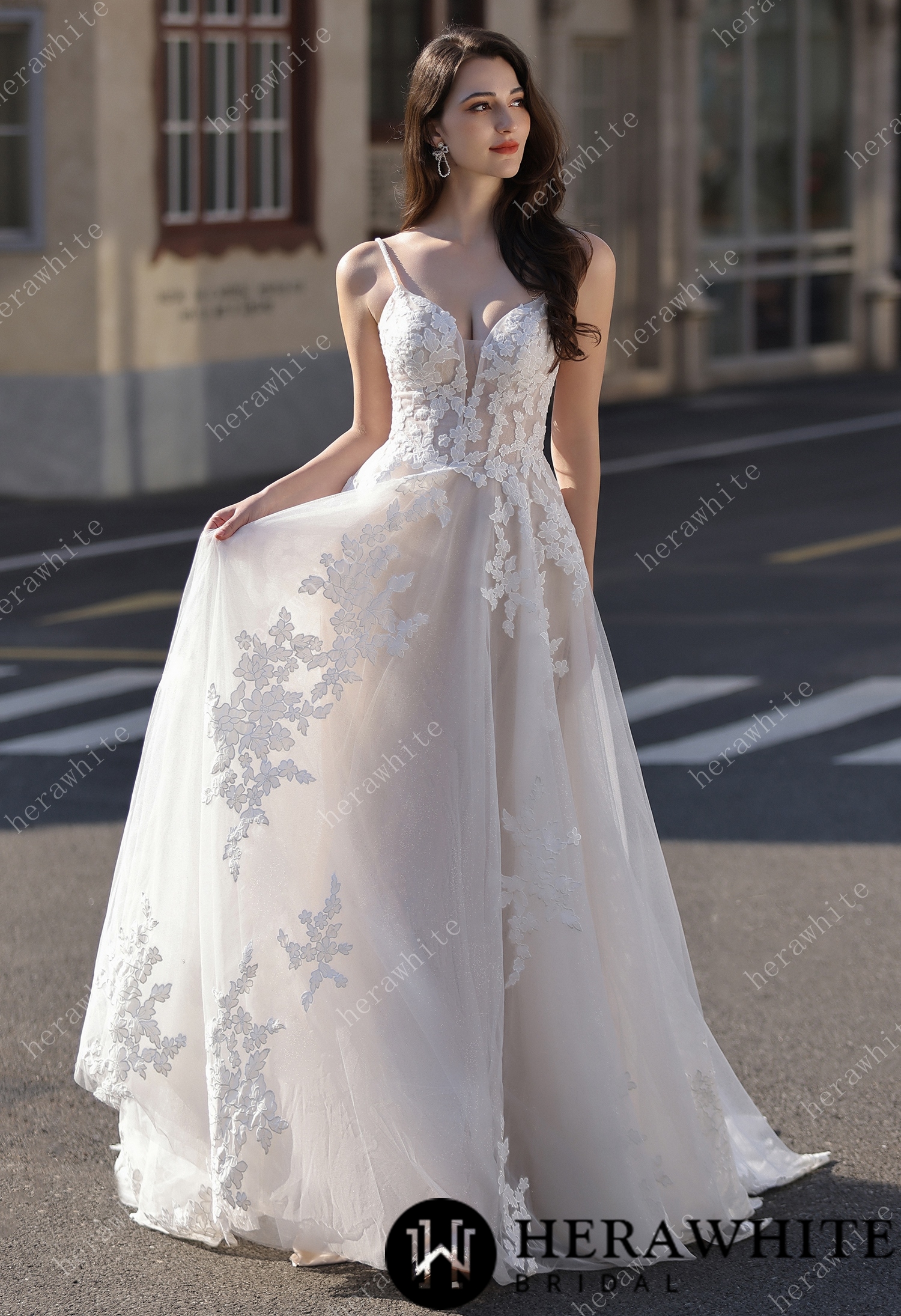 Spaghetti Strap Bridal Gown With Dramatic Lace Train