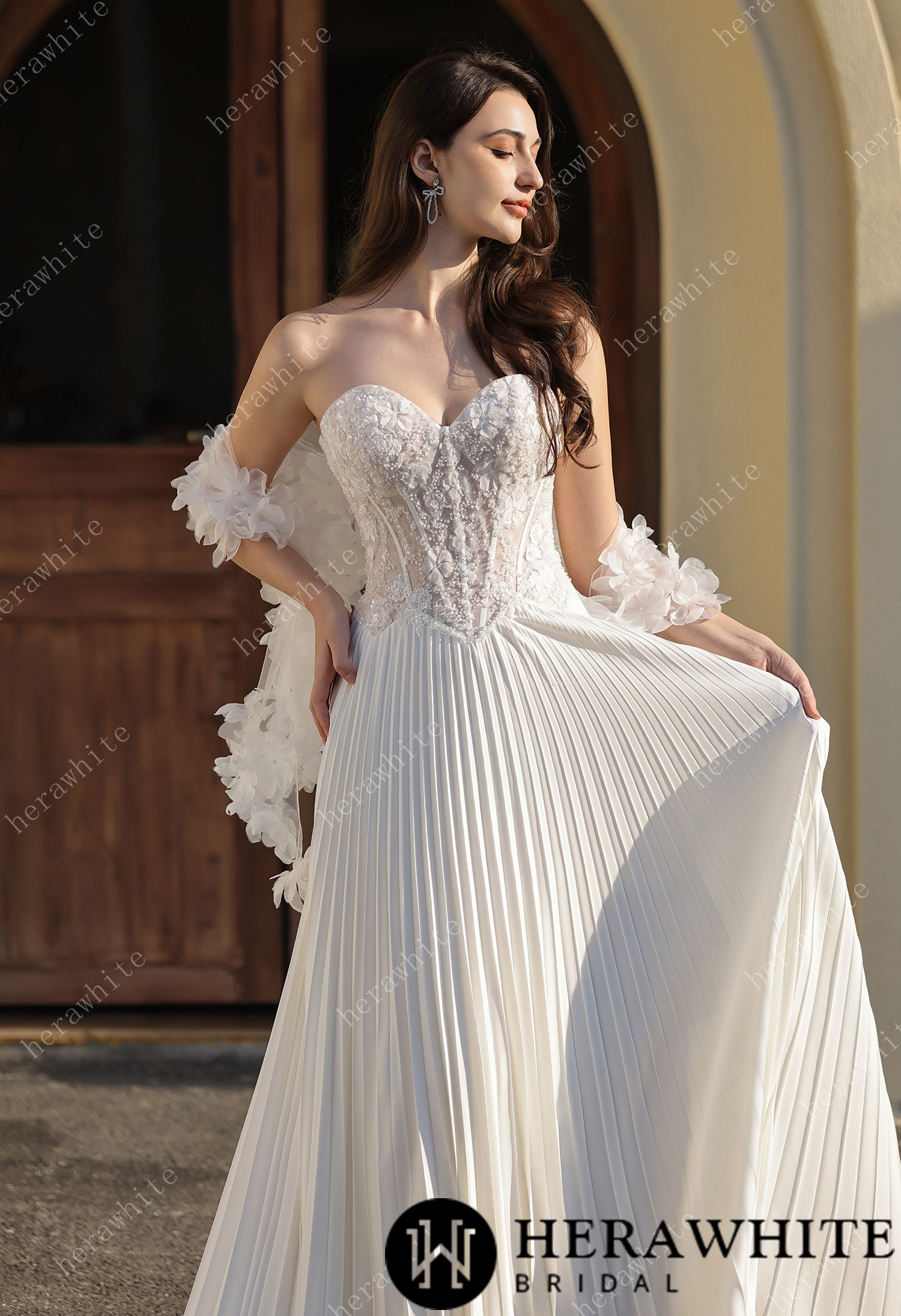 Delicately Pleated Skirt Wedding Dress Bridal Gown & Optional Structured Corset Vest