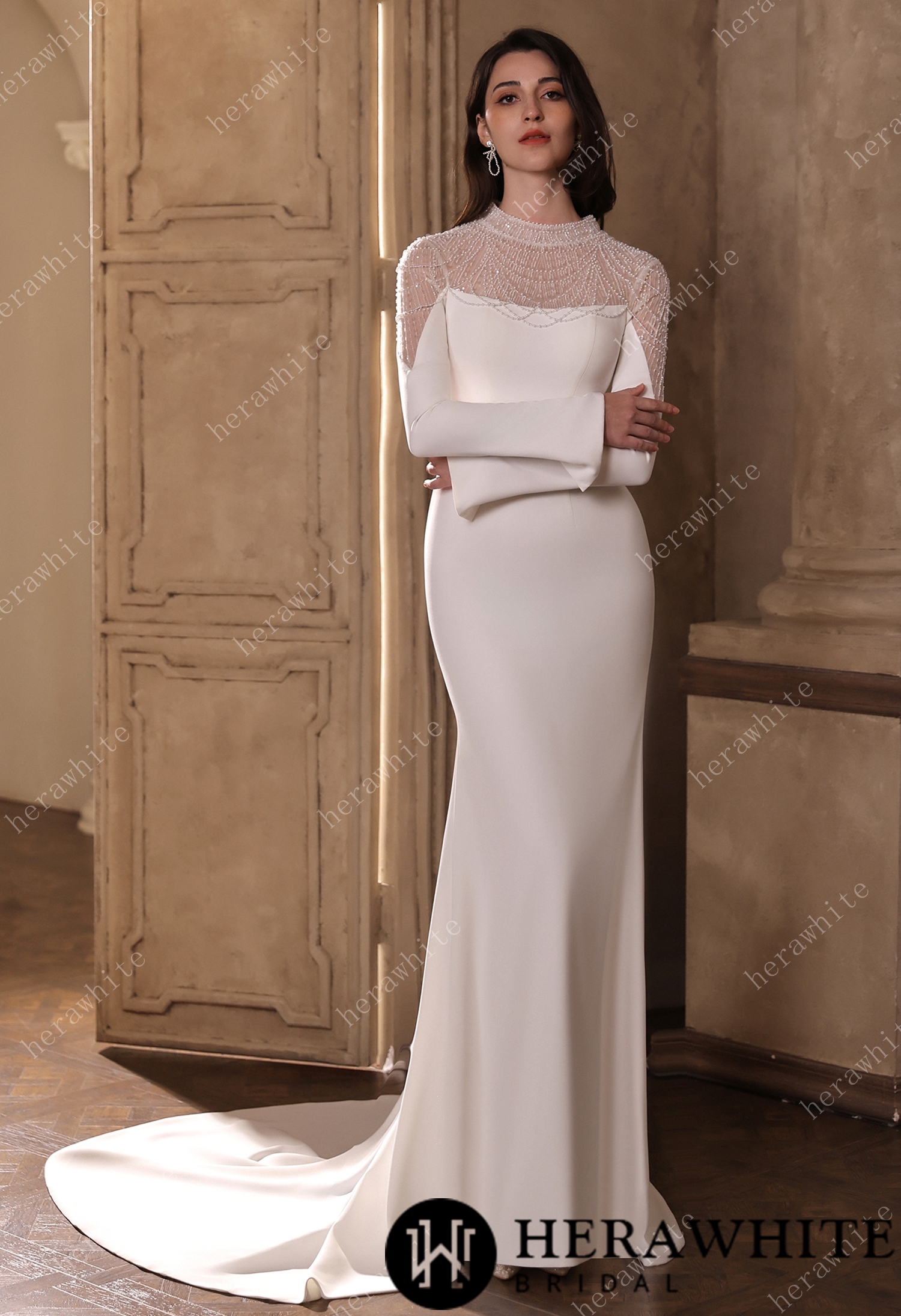 Sparkling Sheer High-Neck Beaded Mesh Long Sleeves Crepe Gown
