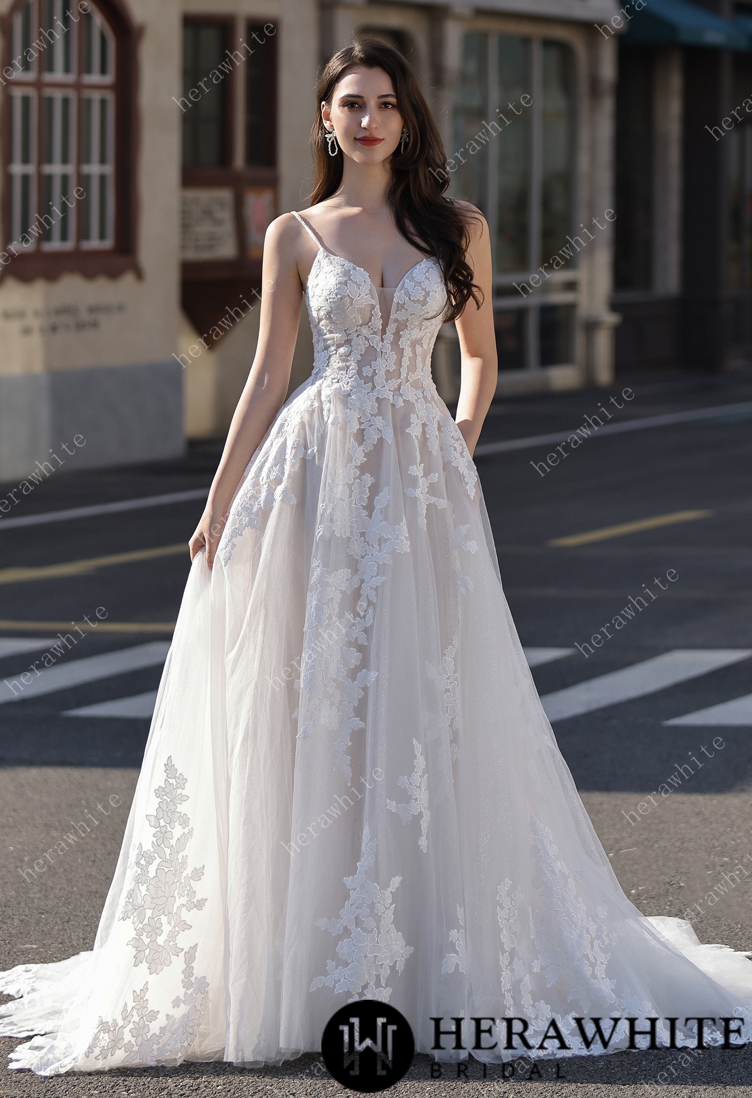 Spaghetti Strap Bridal Gown With Dramatic Lace Train