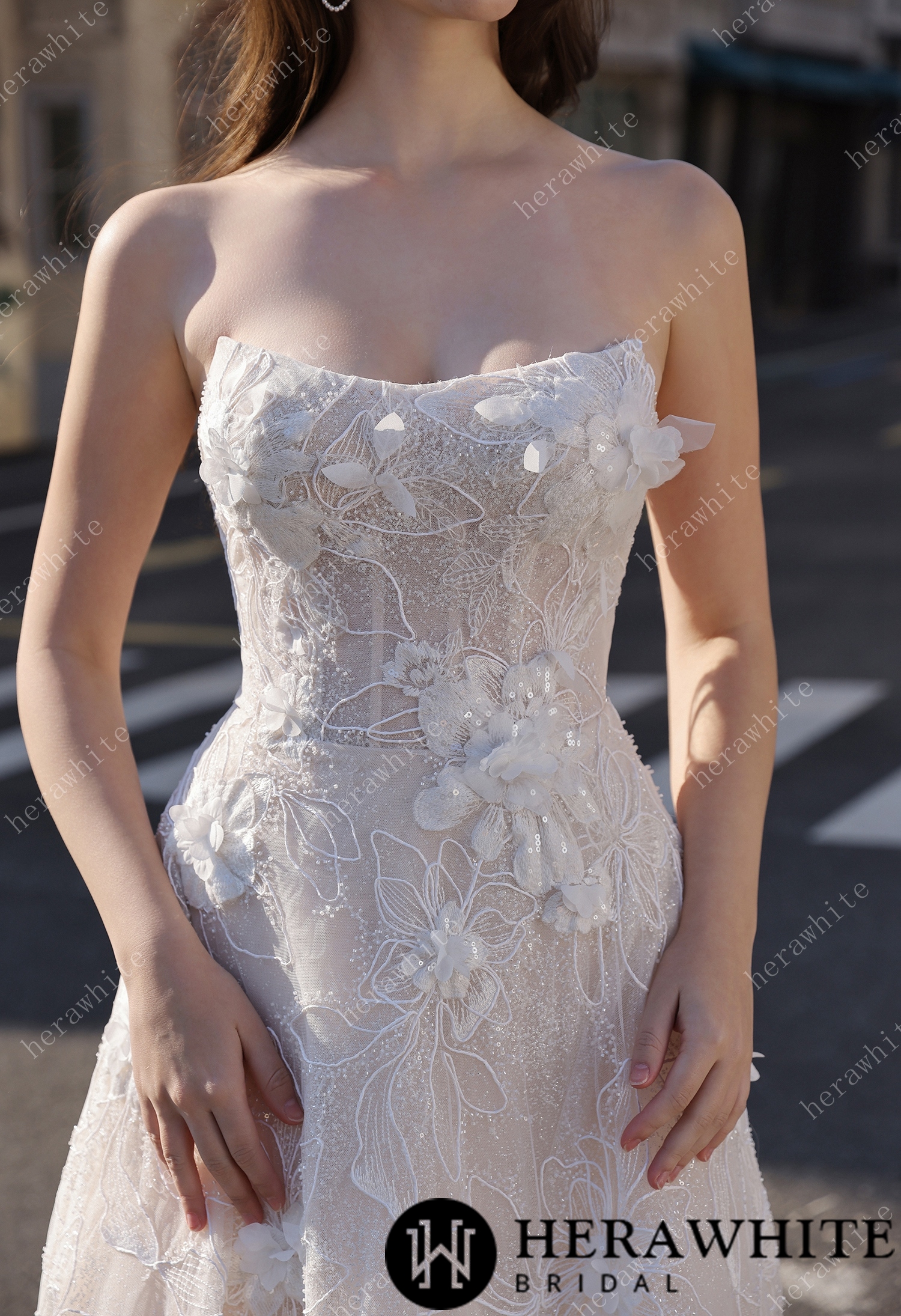 Strapless Sparkle Lace Bridal Gown with 3D Flowers