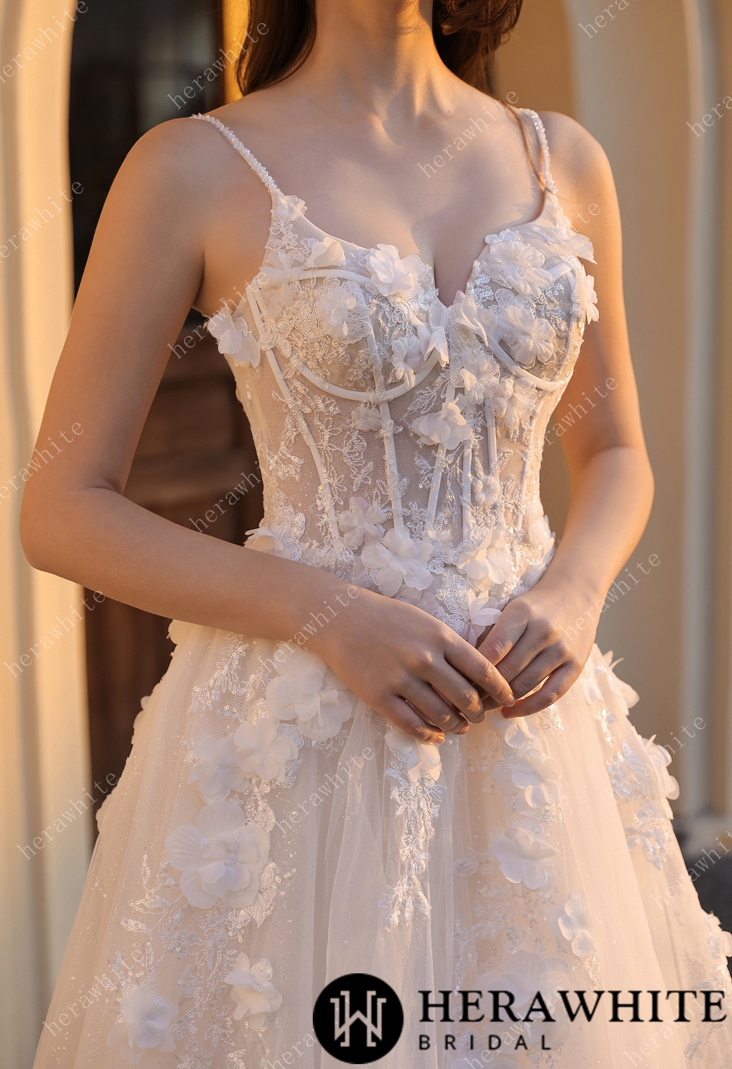 Spaghetti Strap 3D Floral Tulle Wedding Gown – Ethereal Ivory Bridal Dress with Train