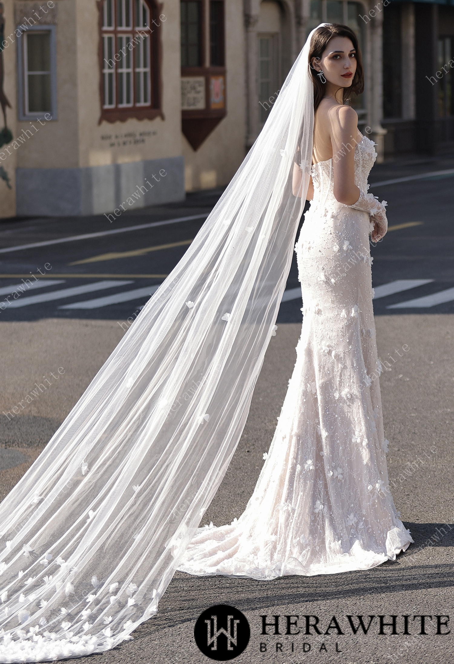 3D Lace Mermaid Silhouette Bridal Gown With Detachable Overskirt